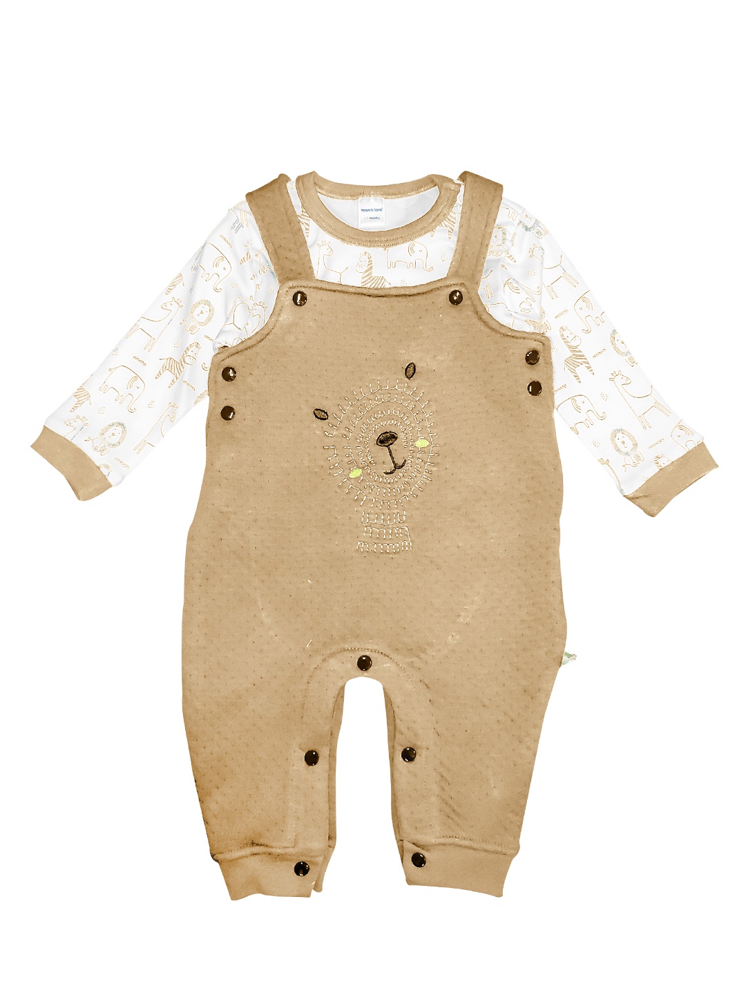 

Moms Love Infant Boys White & Beige Cotton Printed T-shirt with Dungarees