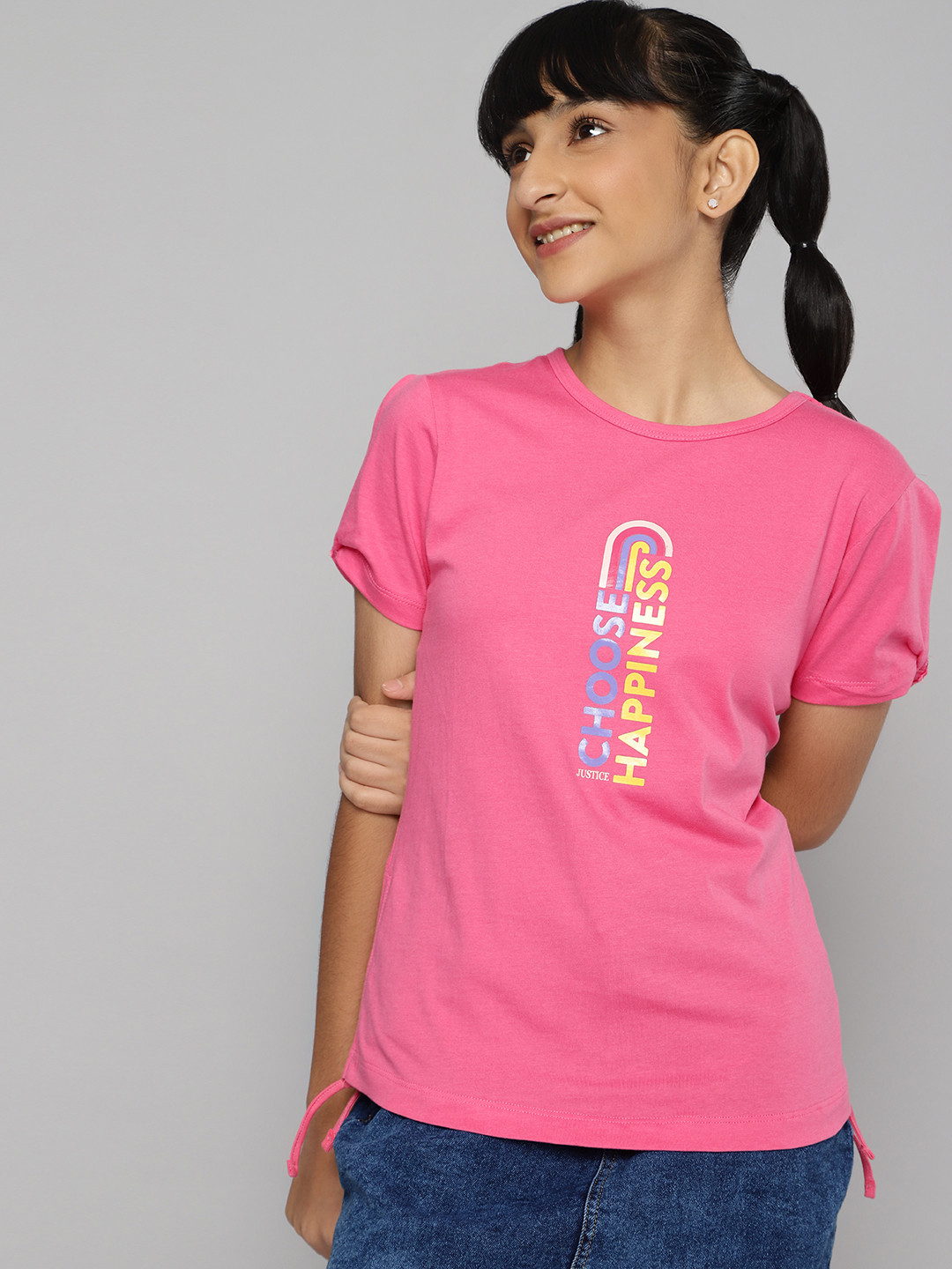 

JUSTICE Girls Pink Typography Pure Cotton Top