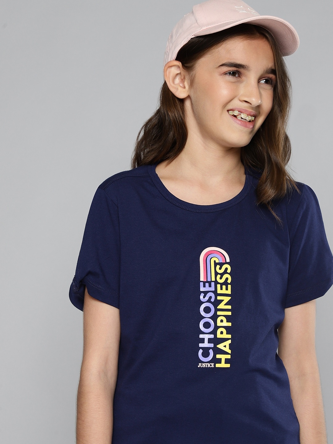 

JUSTICE Girls Navy Blue Typography Pure Cotton Top