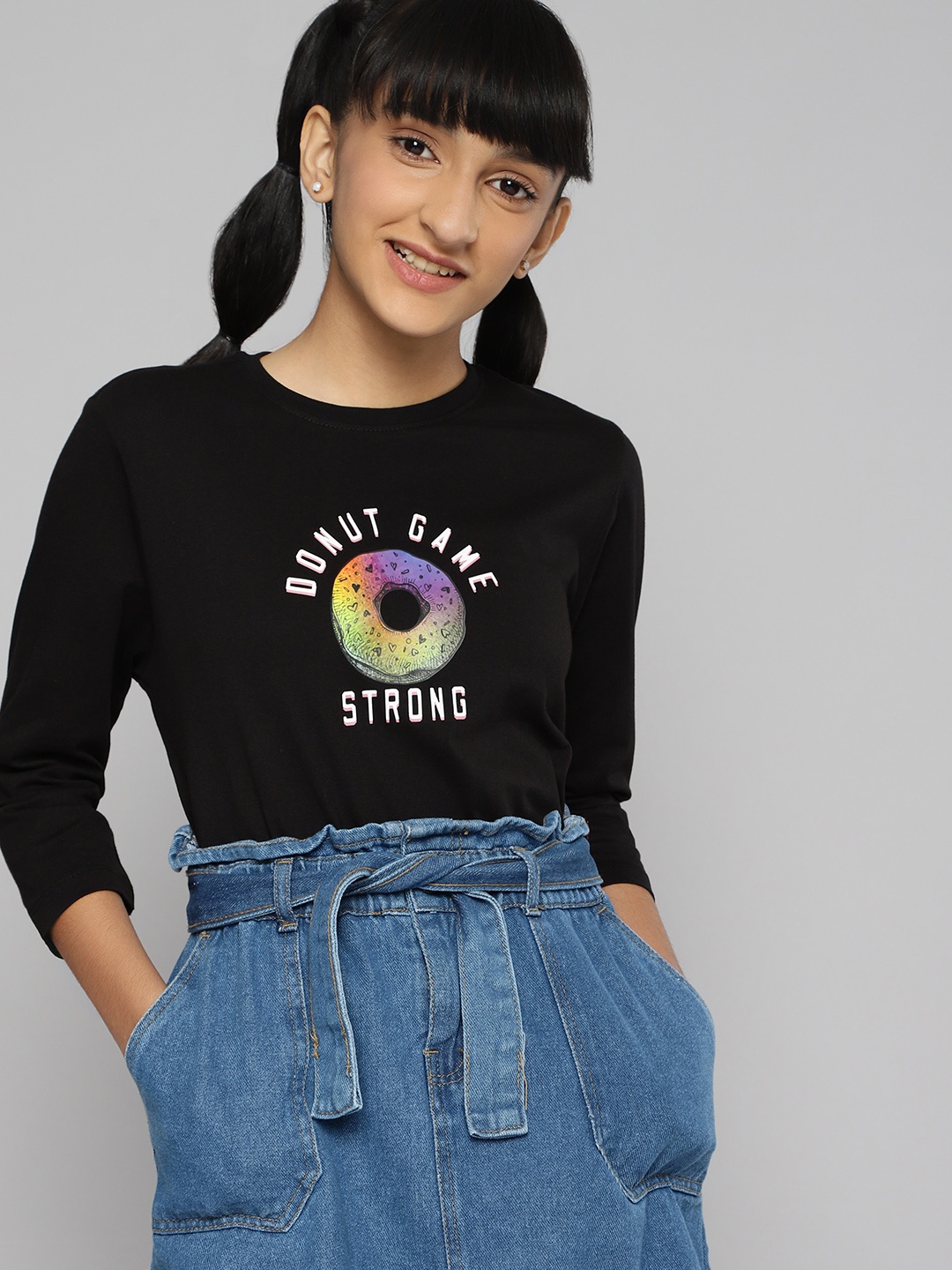 

JUSTICE Girls Black Typography Printed Pure Cotton T-shirt