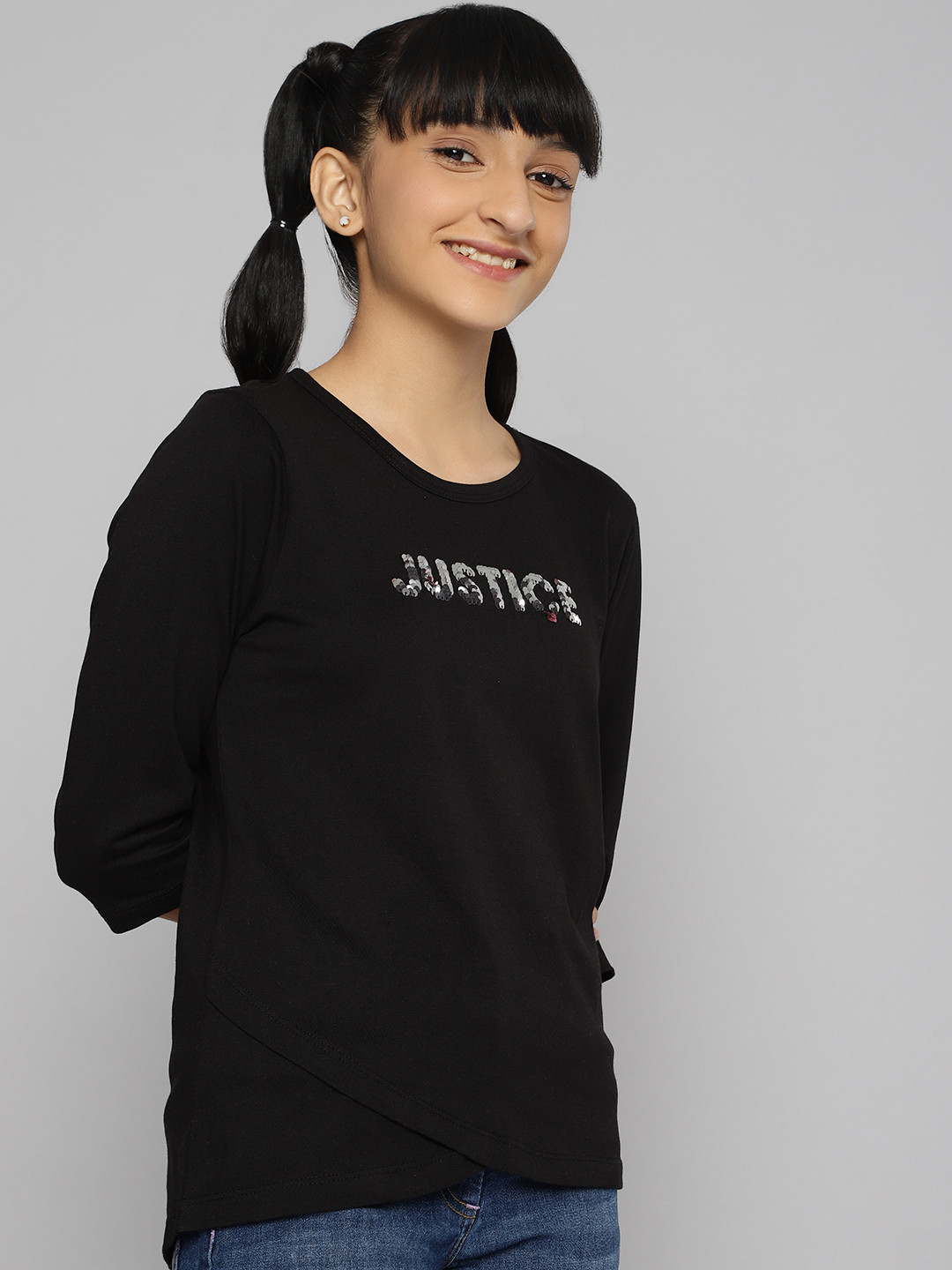 

JUSTICE Girls Black Typography Printed T-shirt