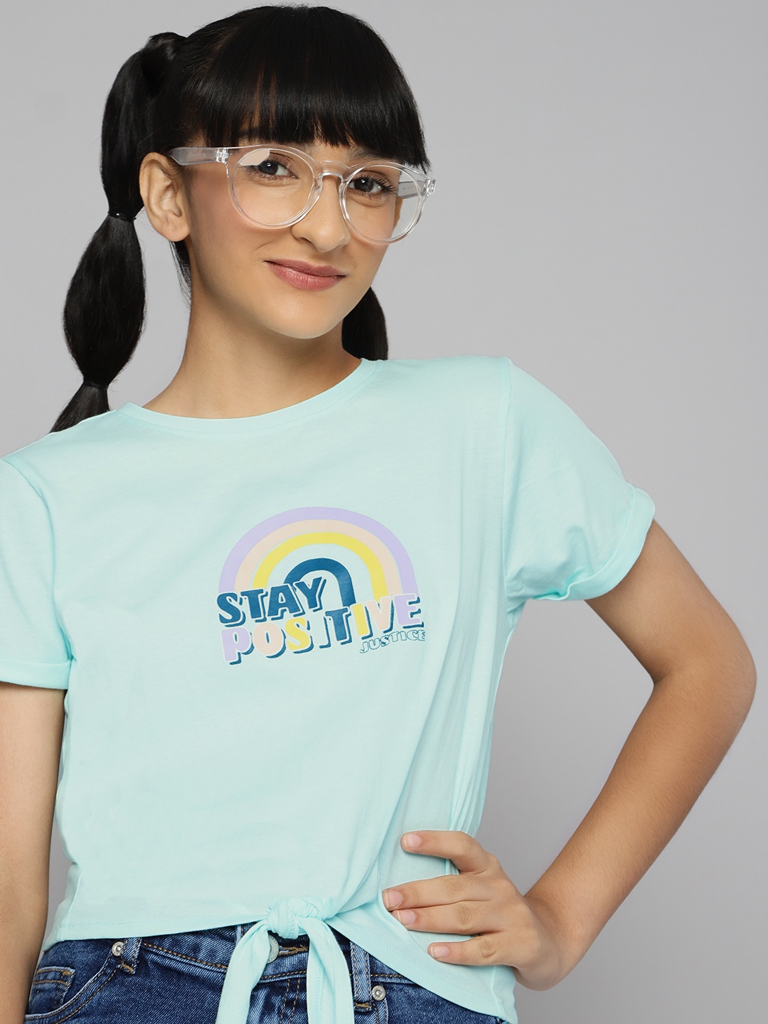 

JUSTICE Girls Turquoise Blue Typography Printed Pure Cotton Tie-Up Detailed T-shirt