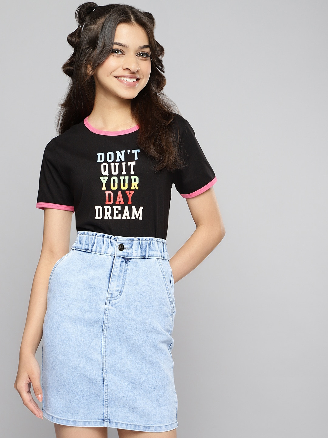 

JUSTICE Girls Black Typography Printed Round Neck Pure Cotton T-shirt