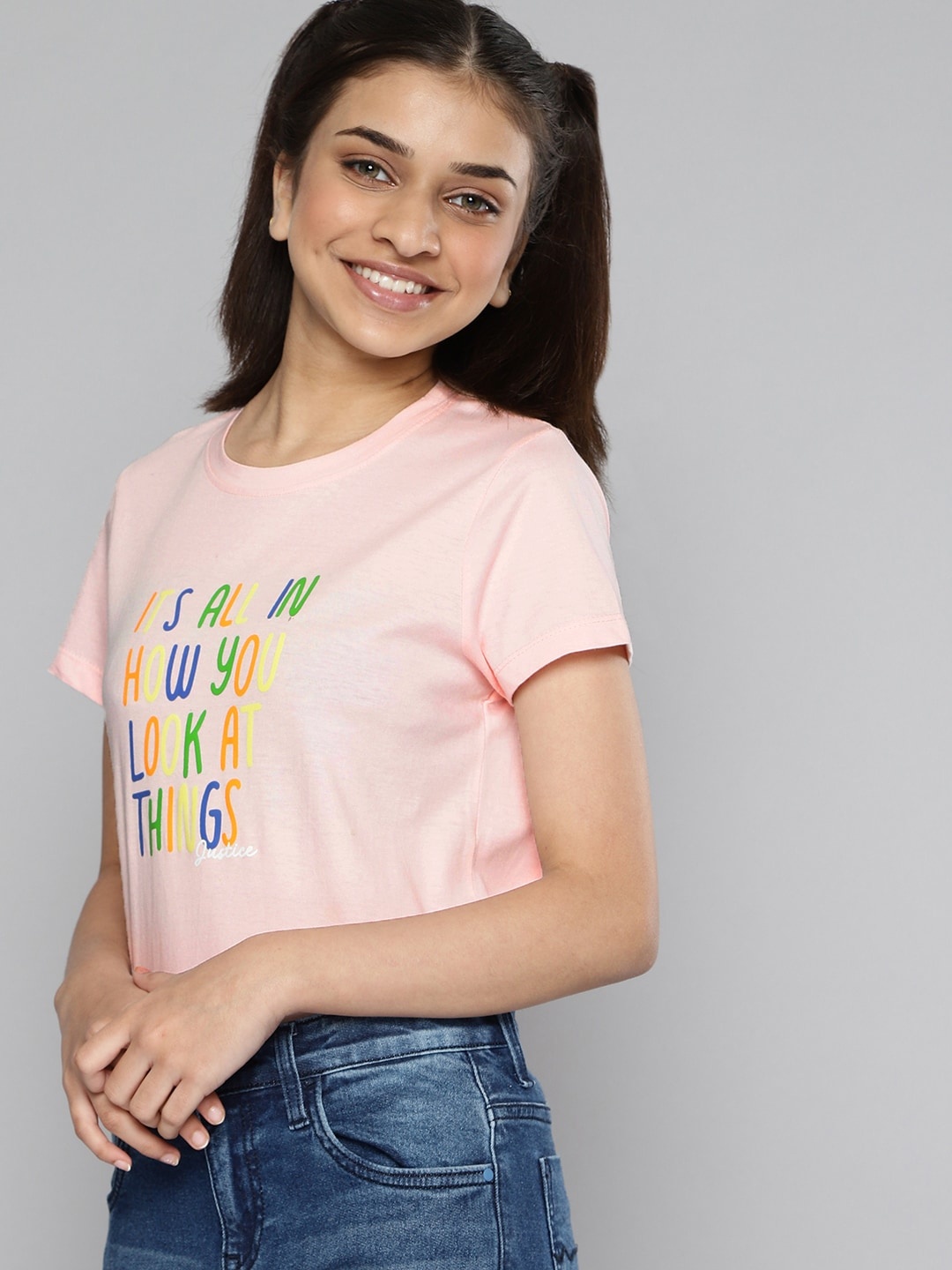 

JUSTICE Girls Pink Typography Printed Round Neck Regular Sleeves Pure Cotton T-shirt