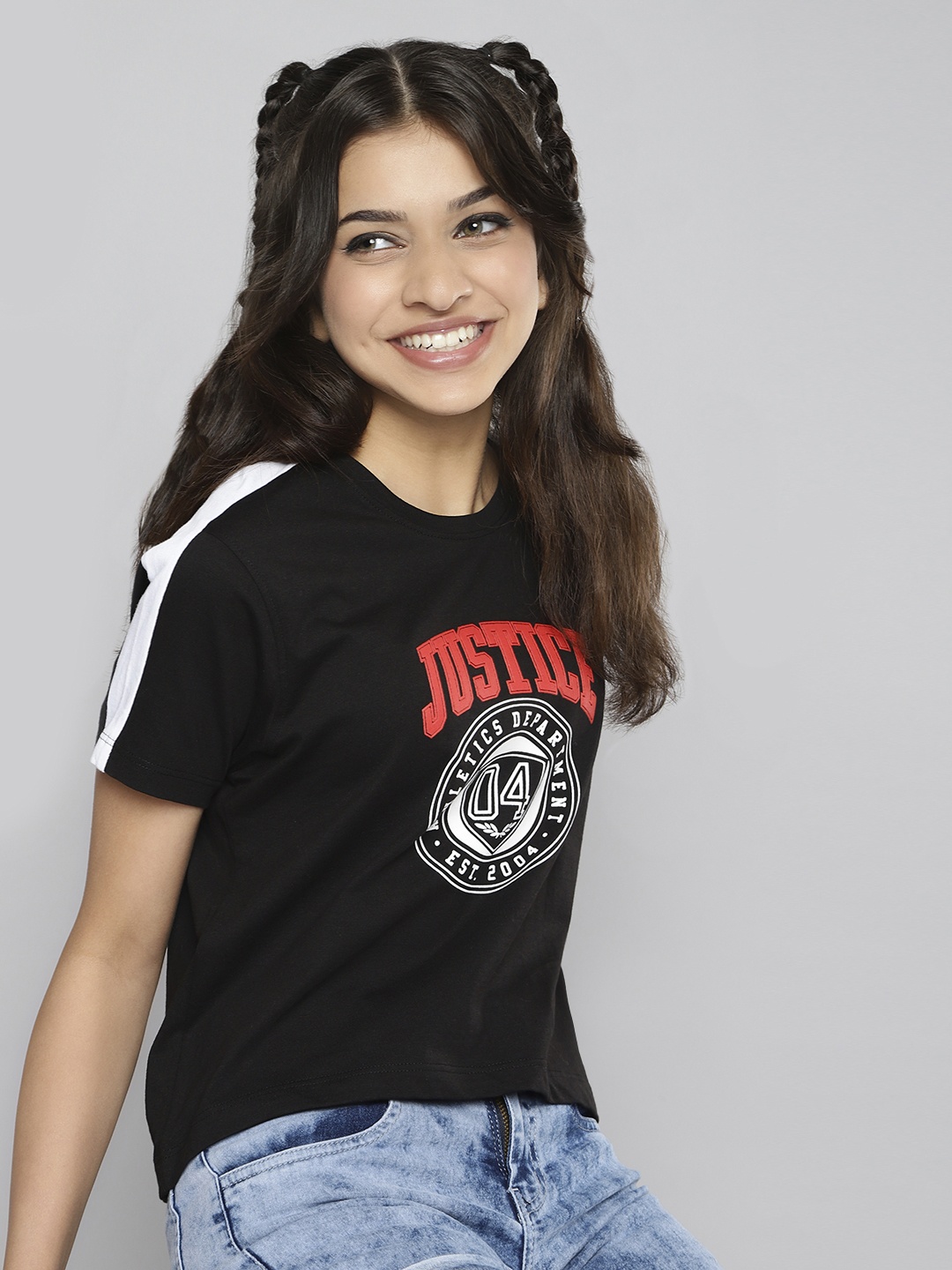 

JUSTICE Girls Black Pure Cotton Printed T-shirt