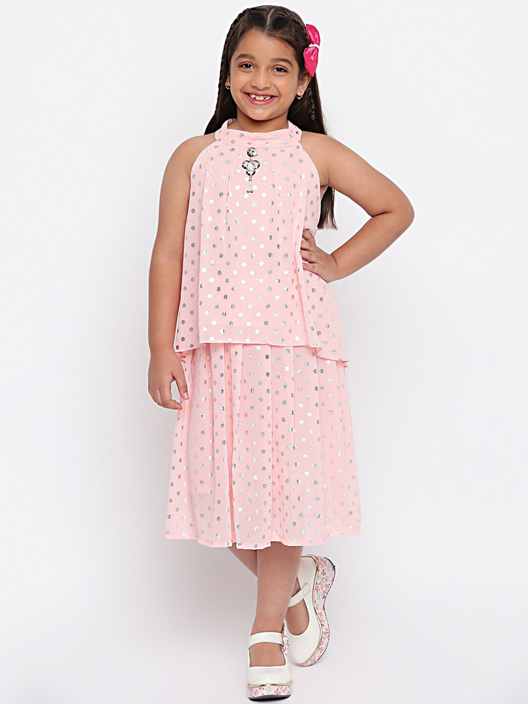 

SKY HEIGHTS Girls Peach & Silver Polka Dots Printed Top With Skirt