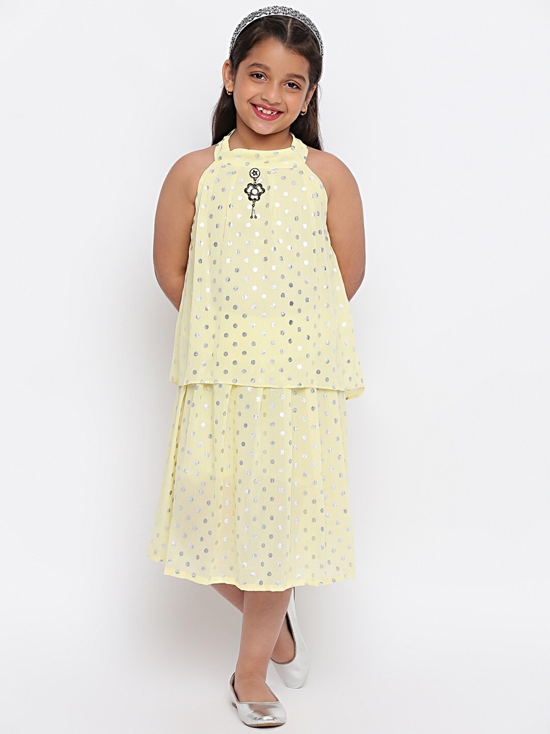 

SKY HEIGHTS Girls Yellow & Silver Polka Dots Printed Top With Skirt