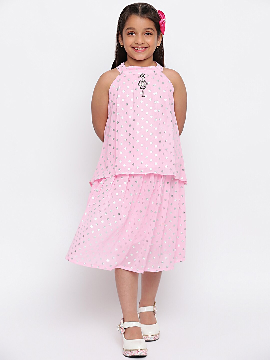 

SKY HEIGHTS Girls Pink & Silver Polka Dots Printed Top With Skirt