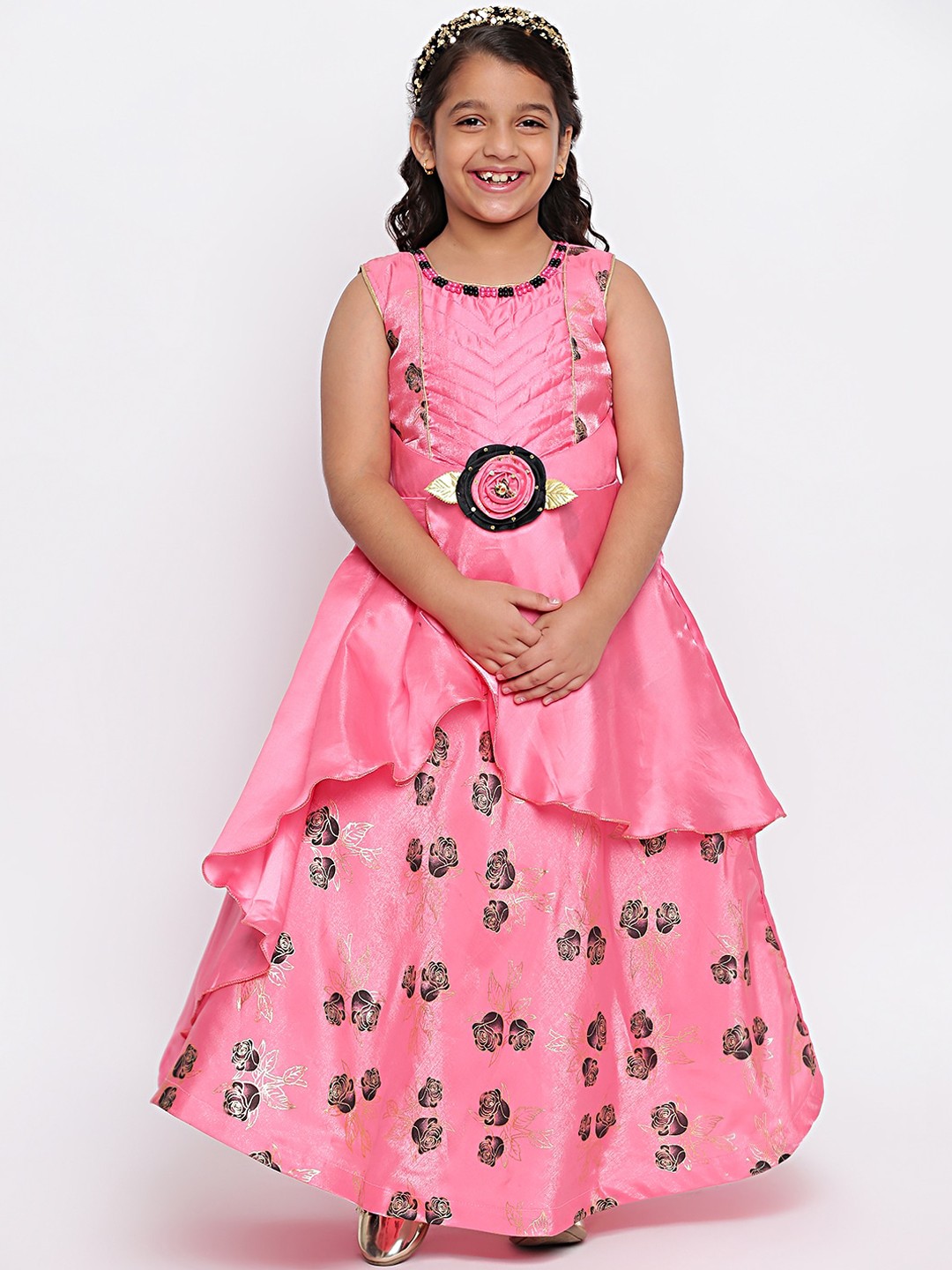 

SKY HEIGHTS Girls Pink & Black Floral Round Neck Satin Maxi Dress