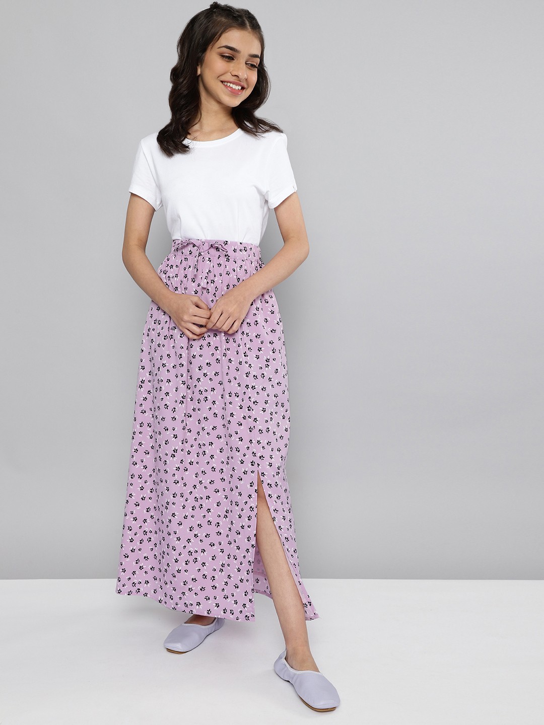 

JUSTICE Girls Lavender & black Floral Print A-Line Pleated Maxi Skirt