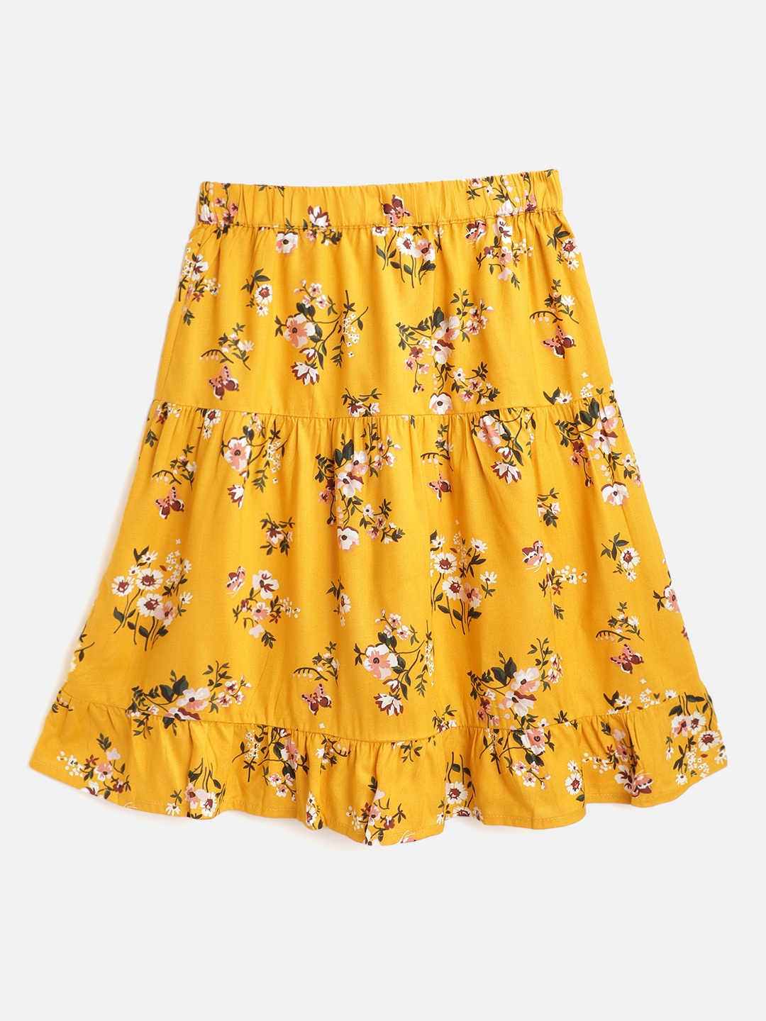 

JUSTICE Girls Yellow & White Floral Printed Knee Length Tiered Skirt