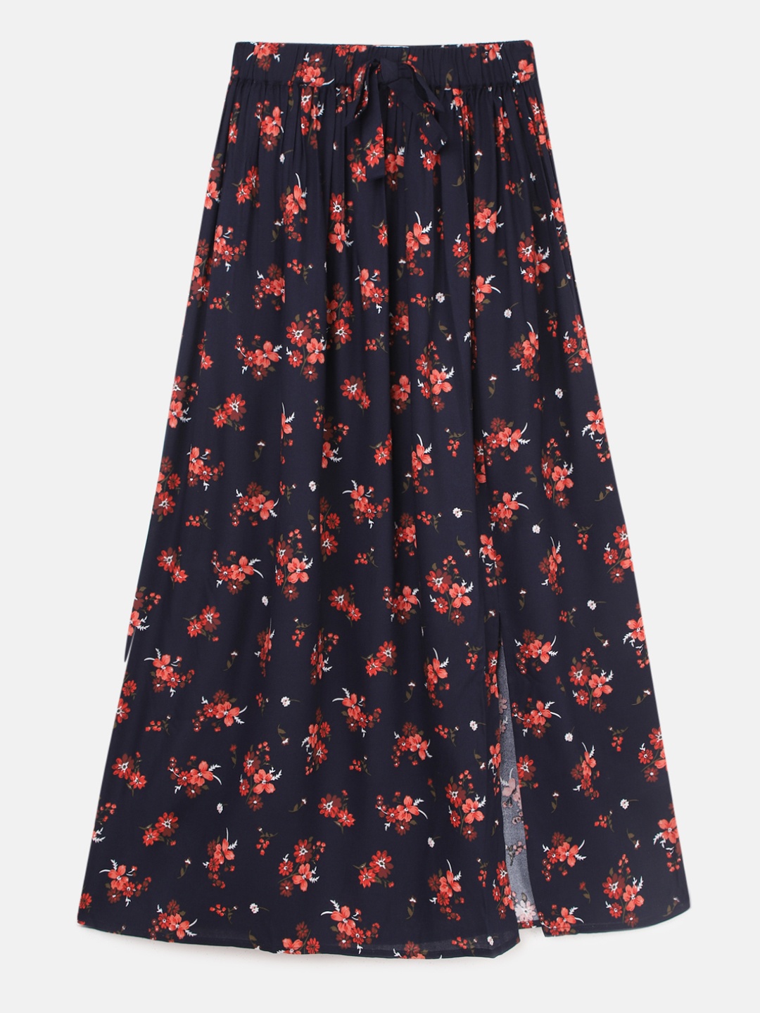 

JUSTICE Girls Navy Blue & Coral Floral Print A-Line Pleated Maxi Skirt