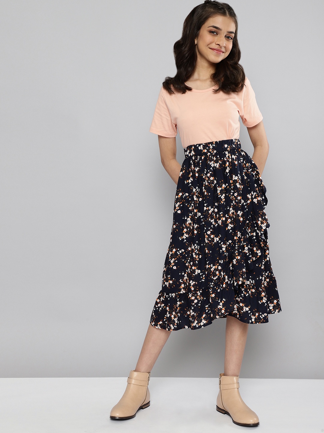 

JUSTICE Girls Navy Blue Floral Print Wrap Midi Skirt