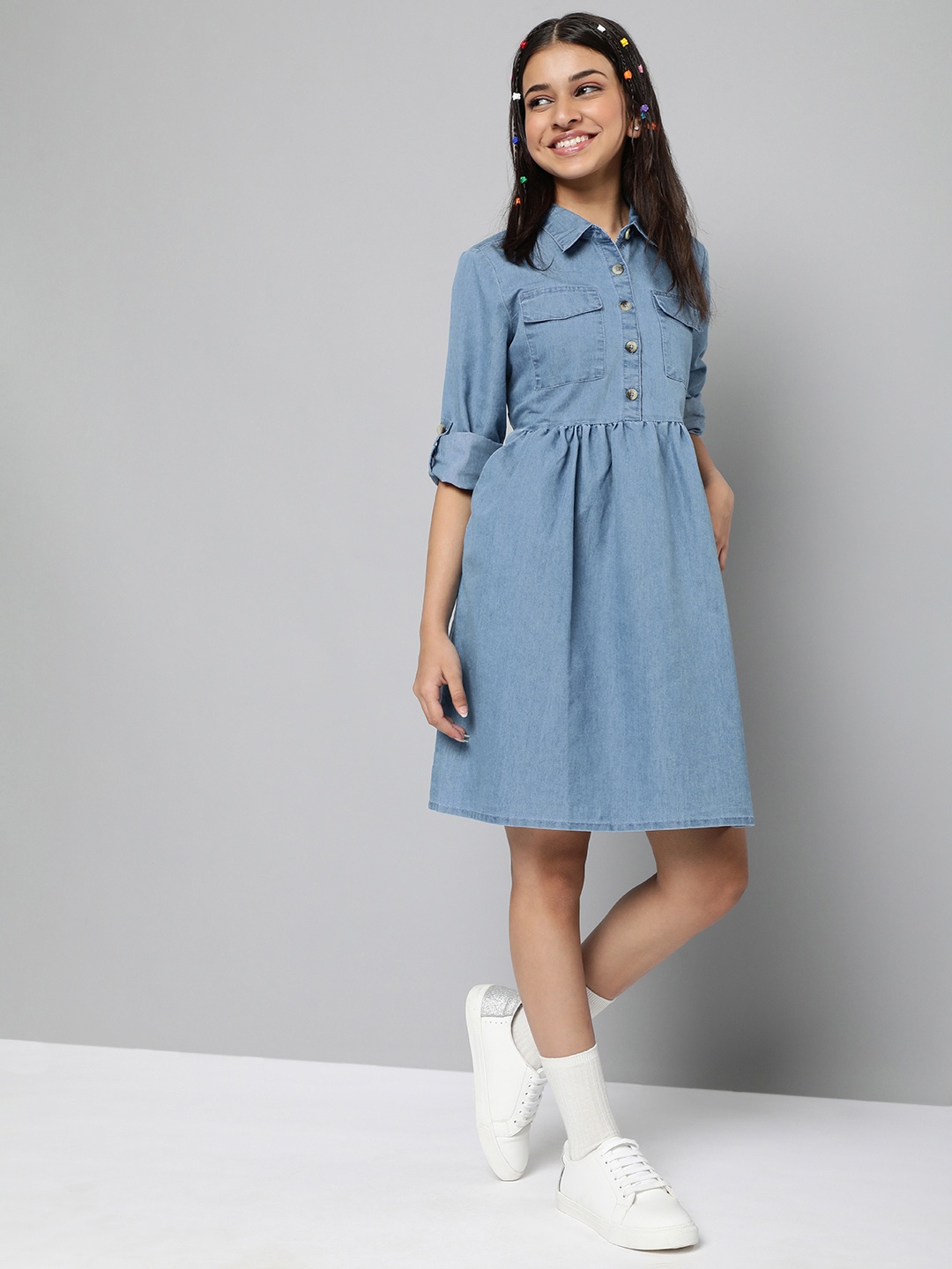 

JUSTICE Girls Blue Solid Denim Cotton Shirt Dress with Oversized Pockets