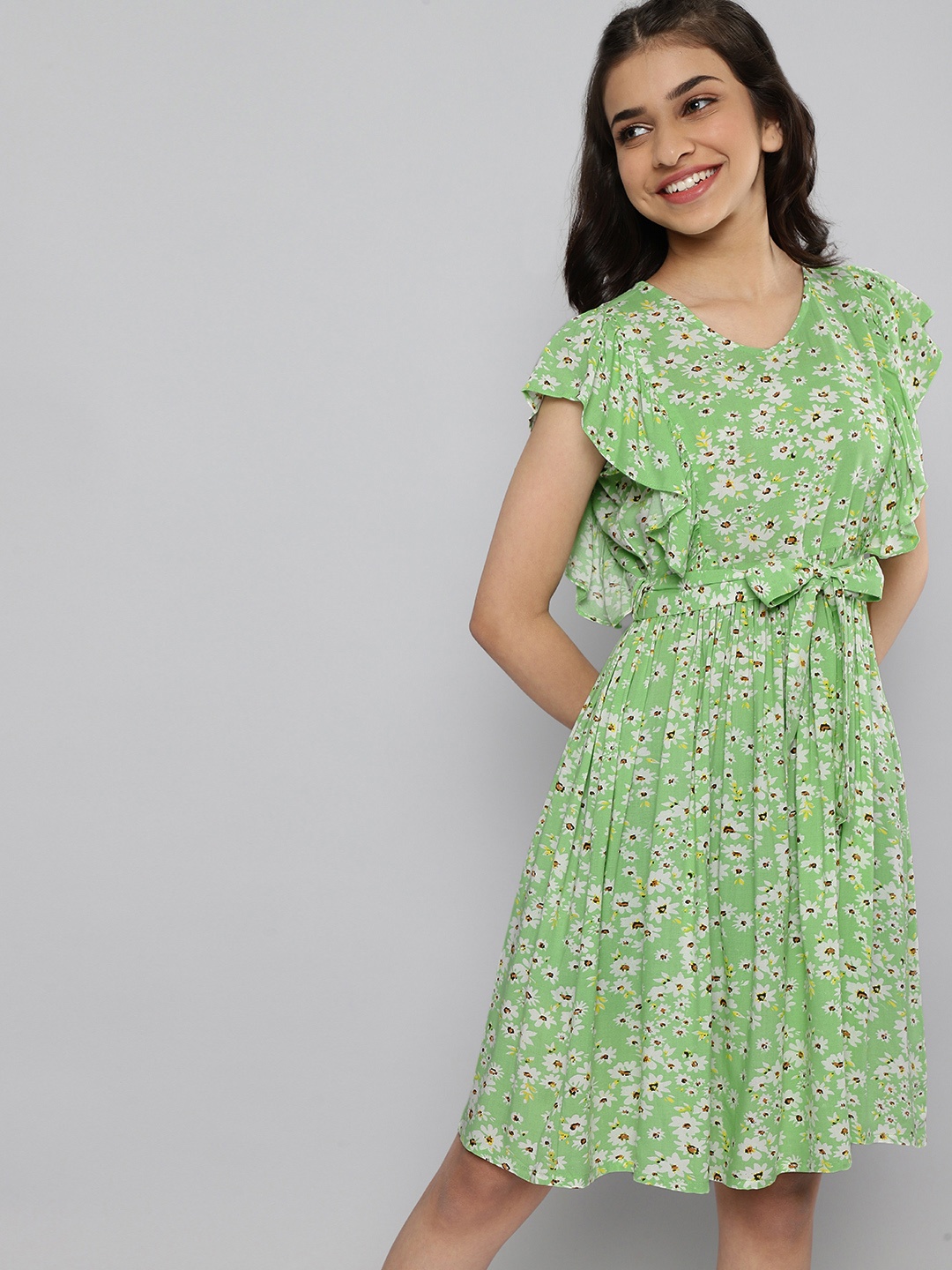 

JUSTICE Girls Green & White Floral Printed Fit & Flare Dress