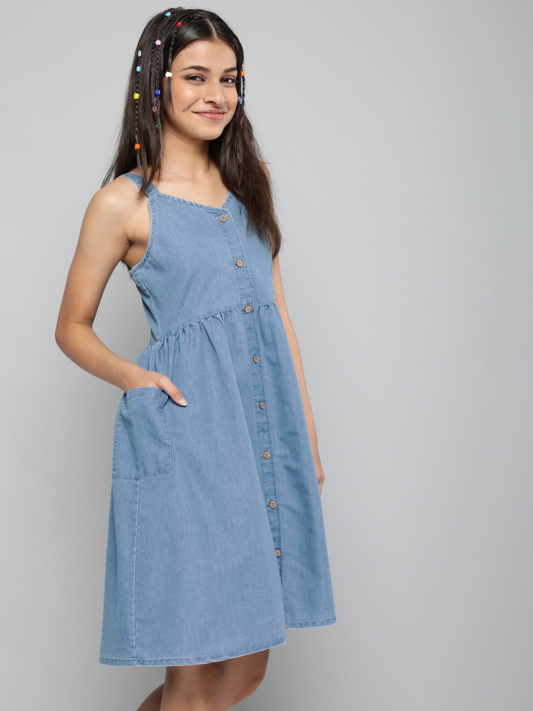 

JUSTICE Girls Blue Solid Denim Cotton Fit & Flare Dress with Oversized Pockets
