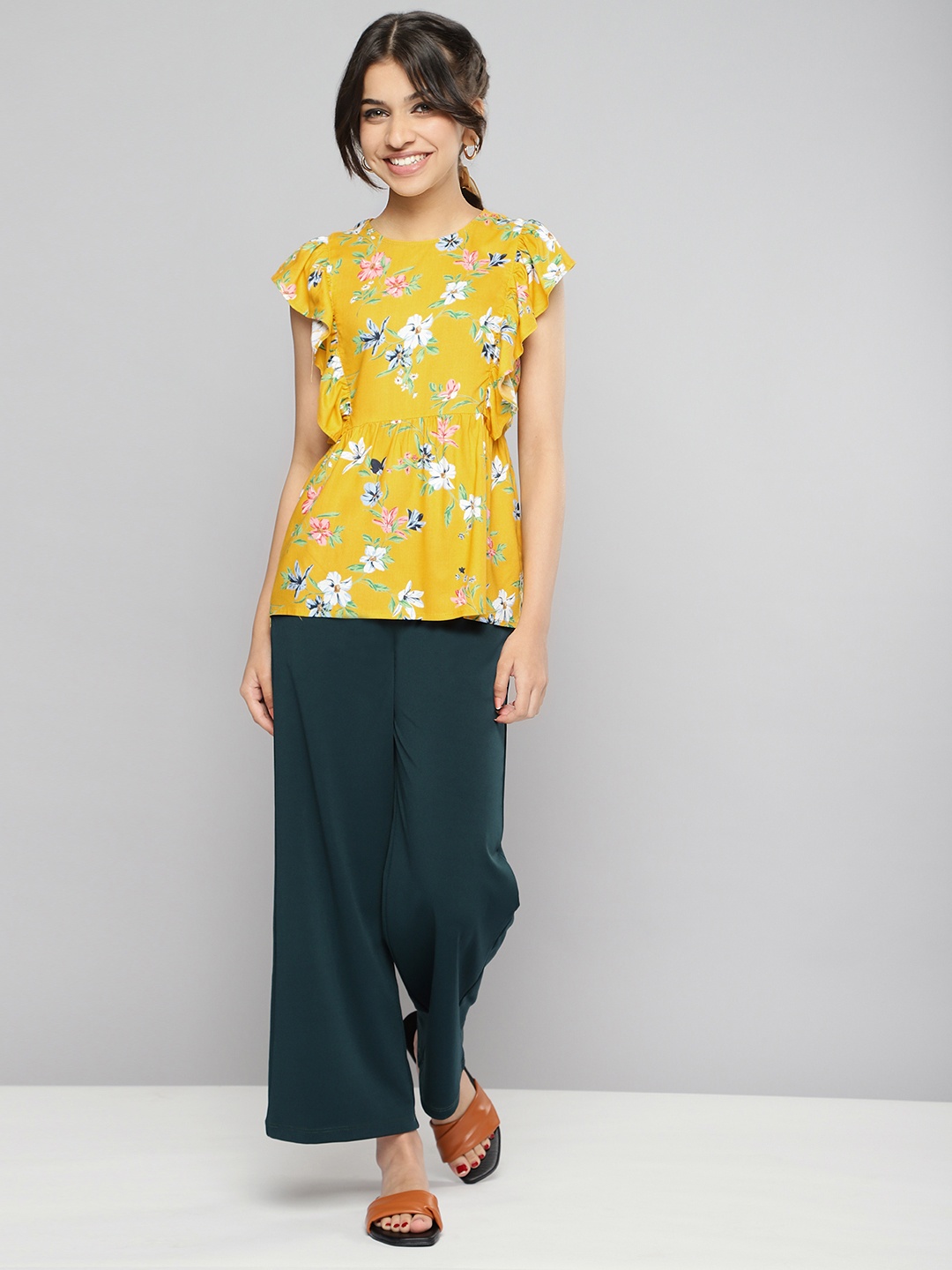 

JUSTICE Girls Yellow Printed Peplum Top with Dark Green Trousers