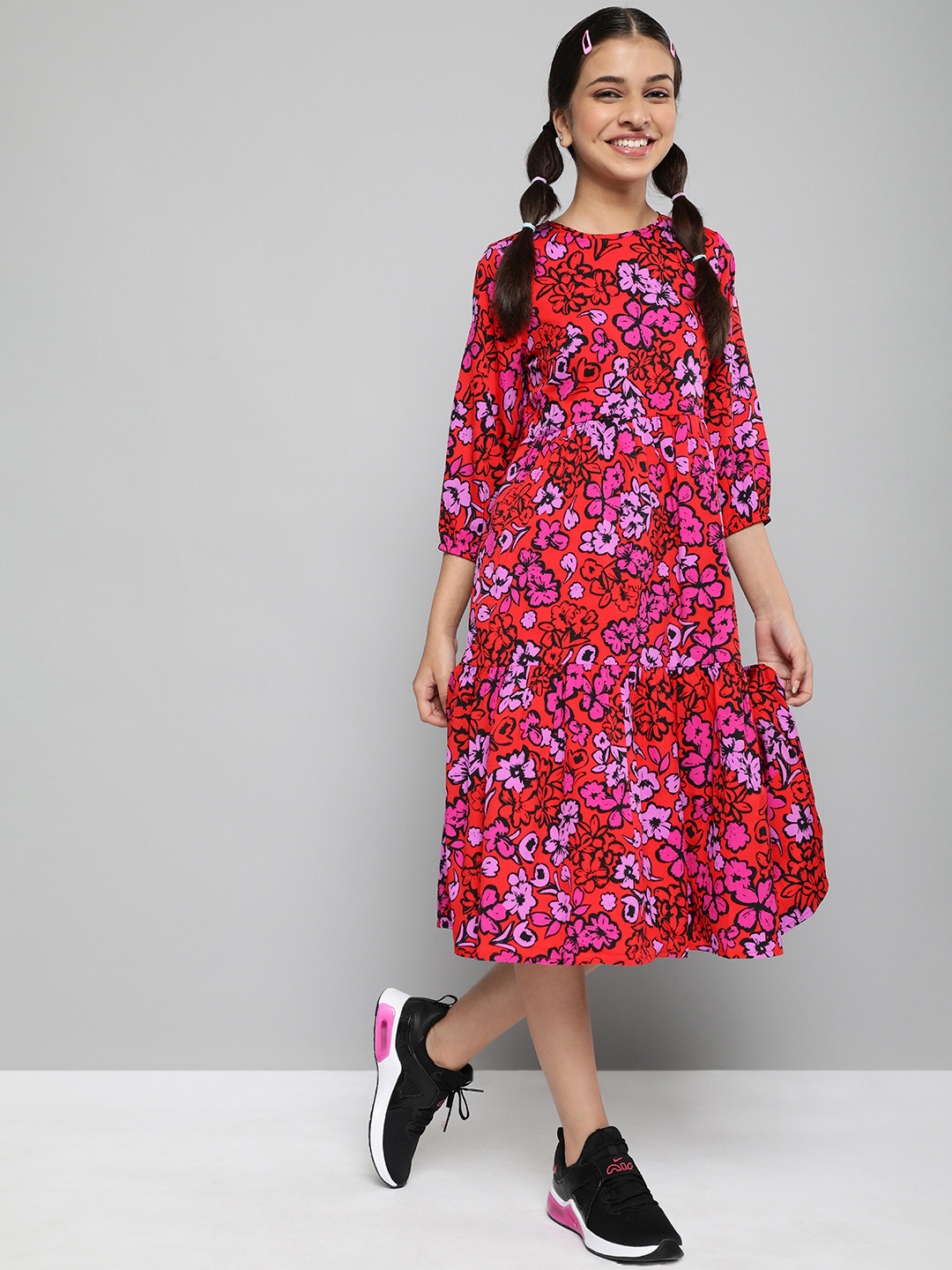 

JUSTICE Girls Red & Lavender Floral Print Tiered A-Line Dress