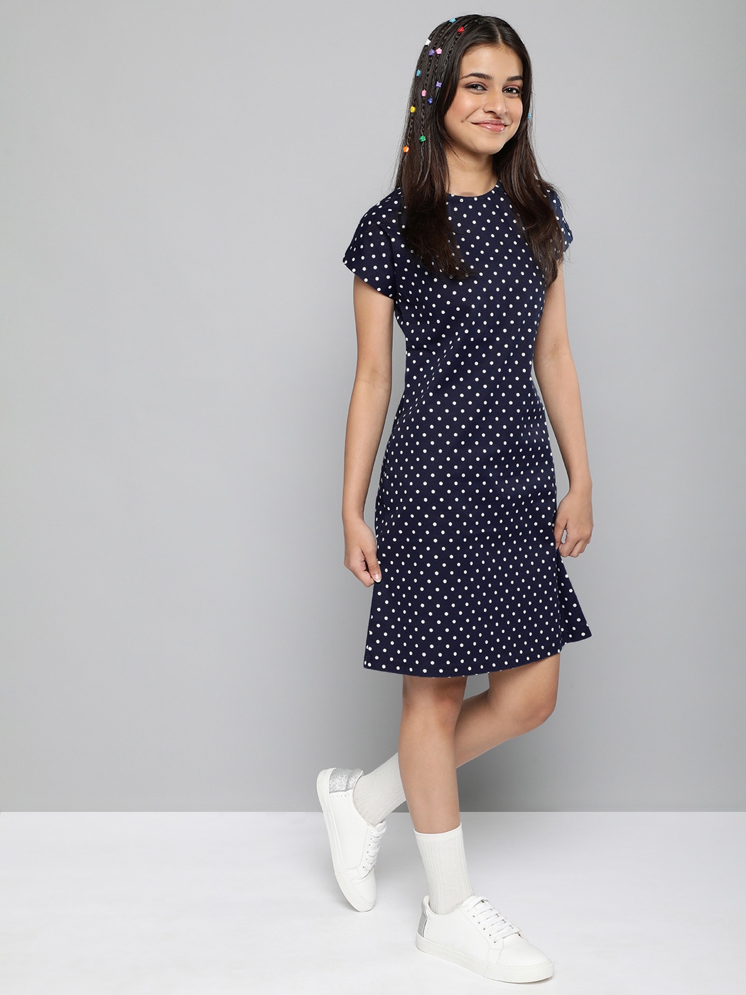 

JUSTICE Girls Navy Blue Printed Pure Cotton T-Shirt Dress