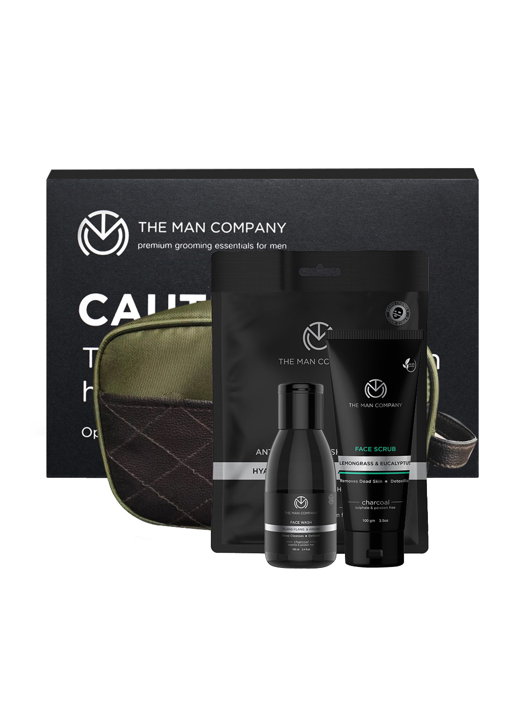 

THE MAN COMPANY Men Charcoal Kit with Face Wash & Scrub, Charcoal Sheet Mask & Pouch, Black