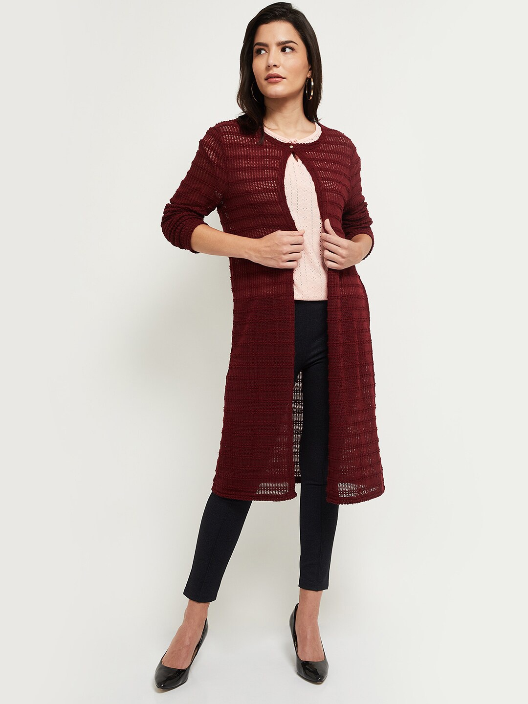 

max Women Red Self Design Longline Shrug