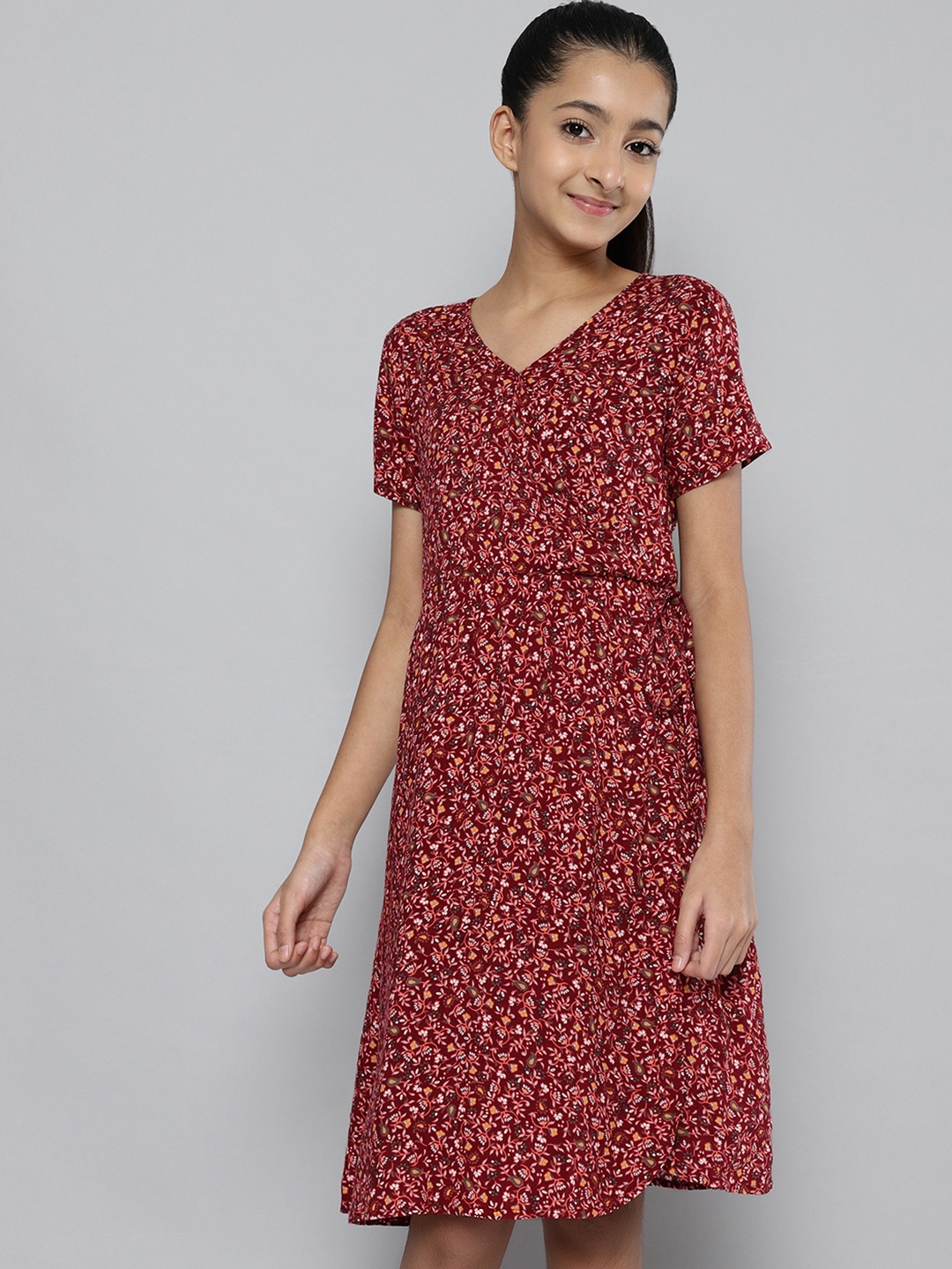 

JUSTICE Girls Maroon Floral Printed Wrap Dress