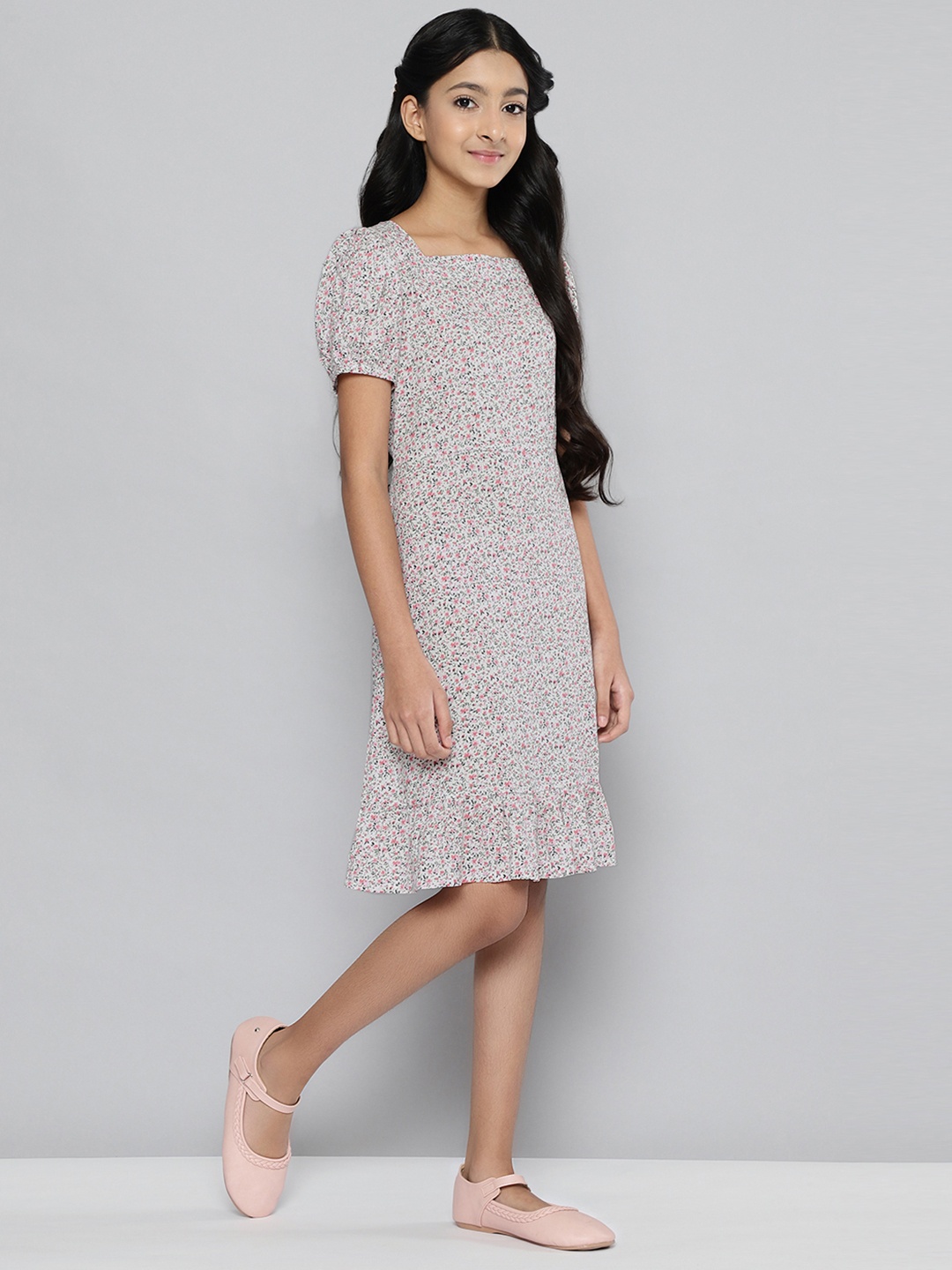 

JUSTICE Girls Off-White Floral Printed A-Line Dress