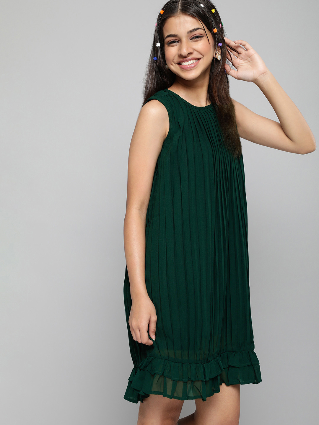

JUSTICE Girls Green Accordion Pleated A-Line Dress