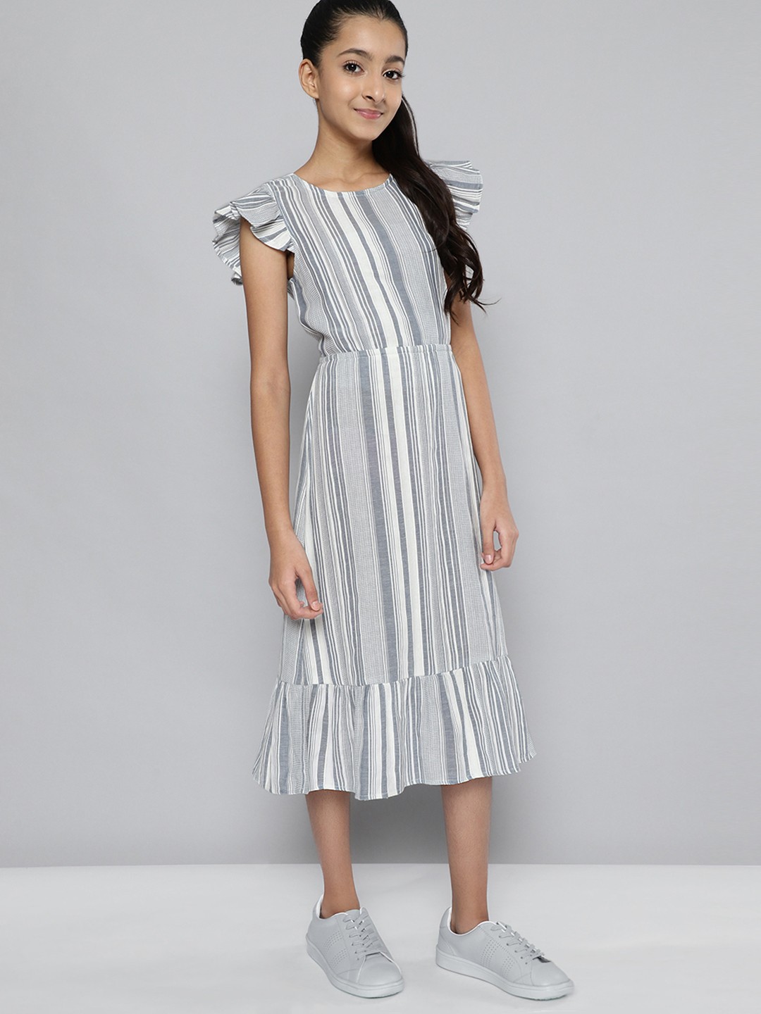 

JUSTICE Girls Grey & White Striped Peplum Dress