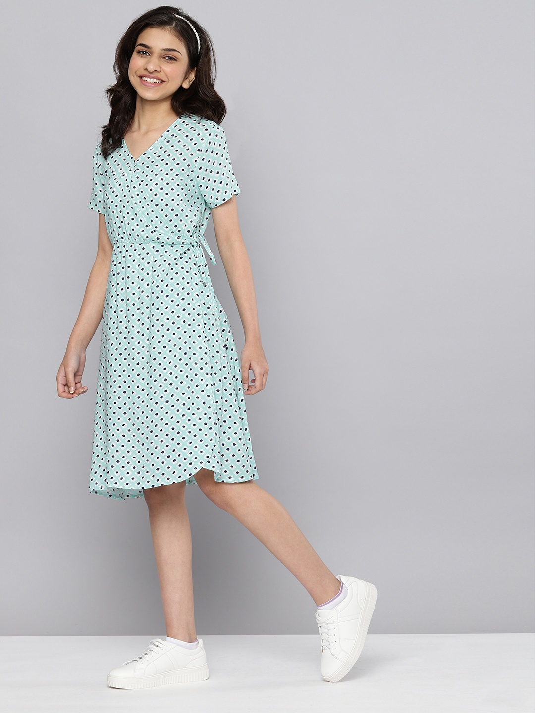

JUSTICE Girls Turquoise Blue Polka Dot Printed Wrap Dress
