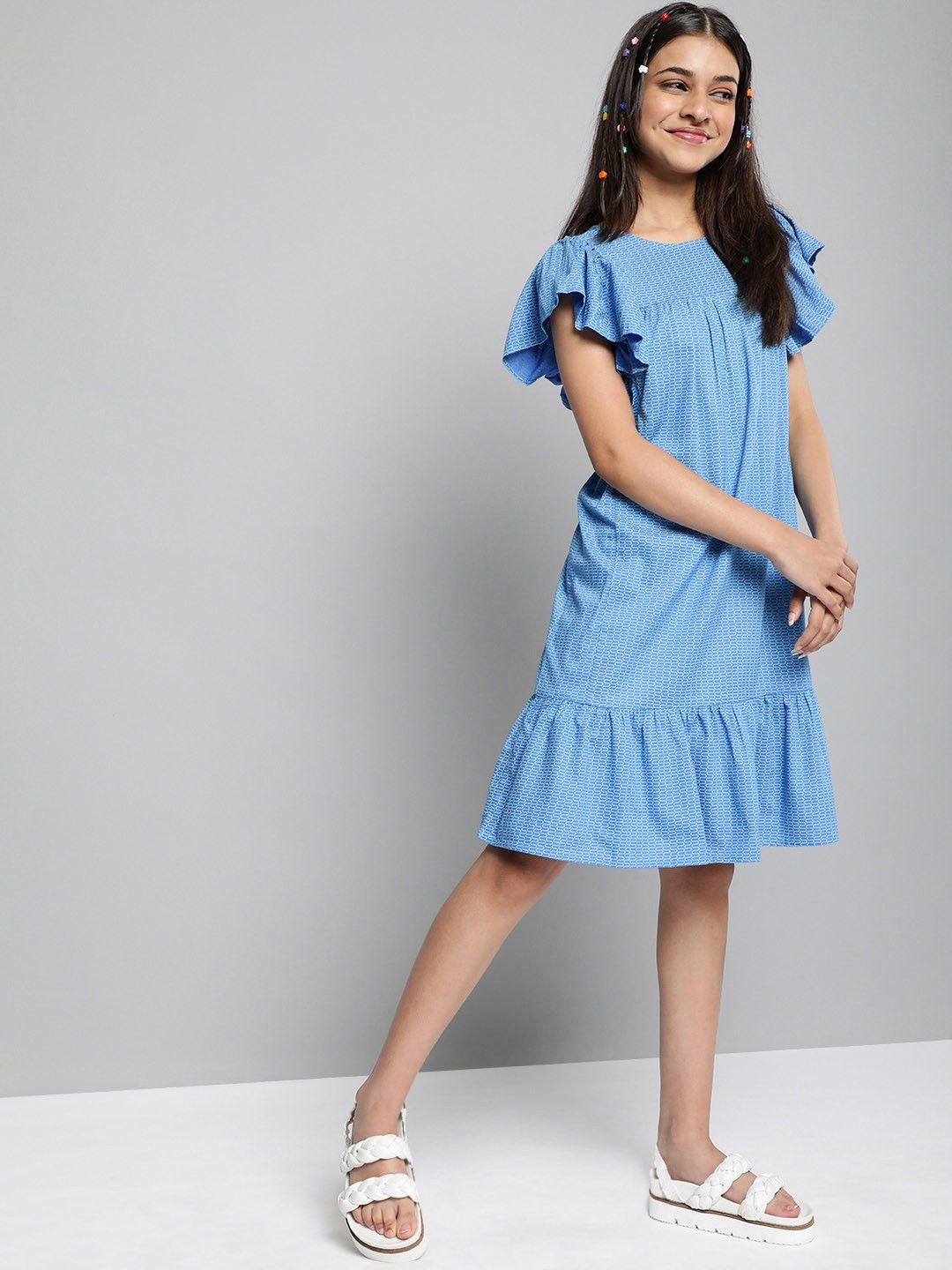

JUSTICE Girls Blue & Green Geometric Printed Drop-Waist Dress