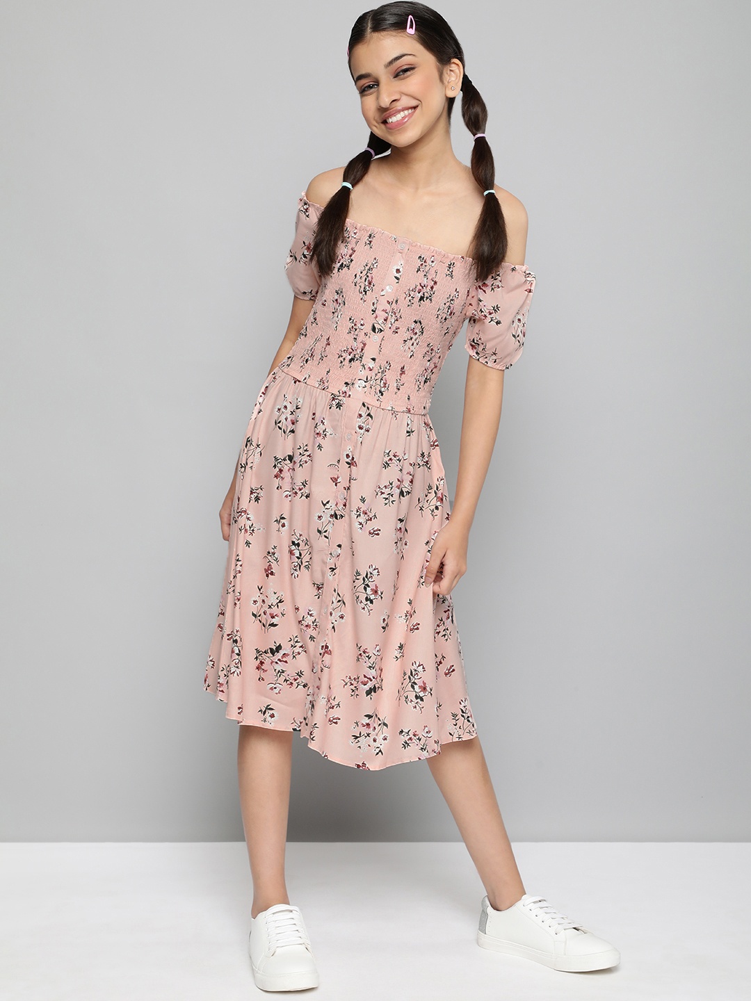 

JUSTICE Girls Peach-Coloured & Green Floral Print Off-Shoulder Smocked A-Line Dress