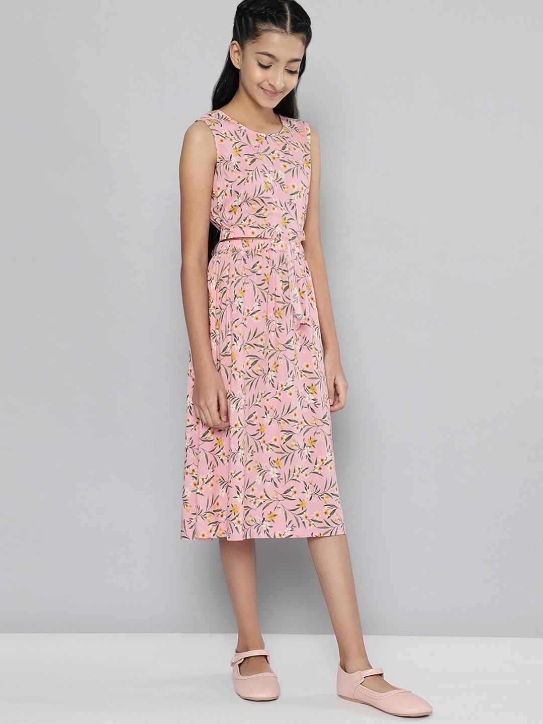 

JUSTICE Girls Pink Floral Printed Fit & Flared Dress with Cut-Out Detail