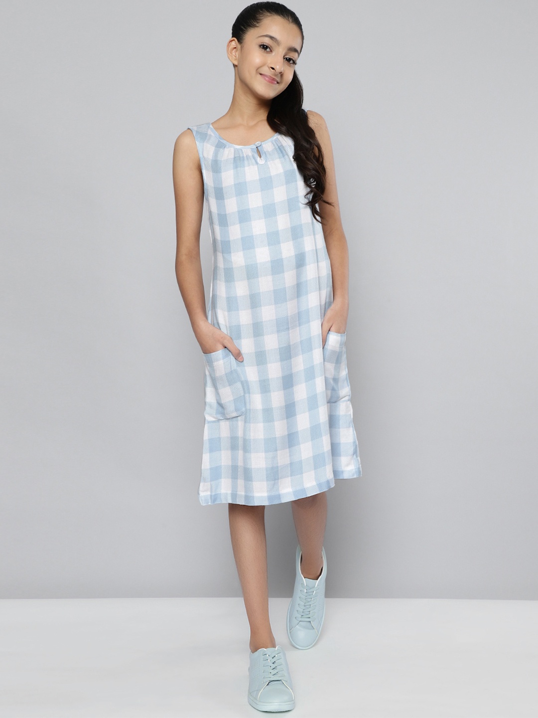 

JUSTICE Girls White & Blue Checked A-Line Dress