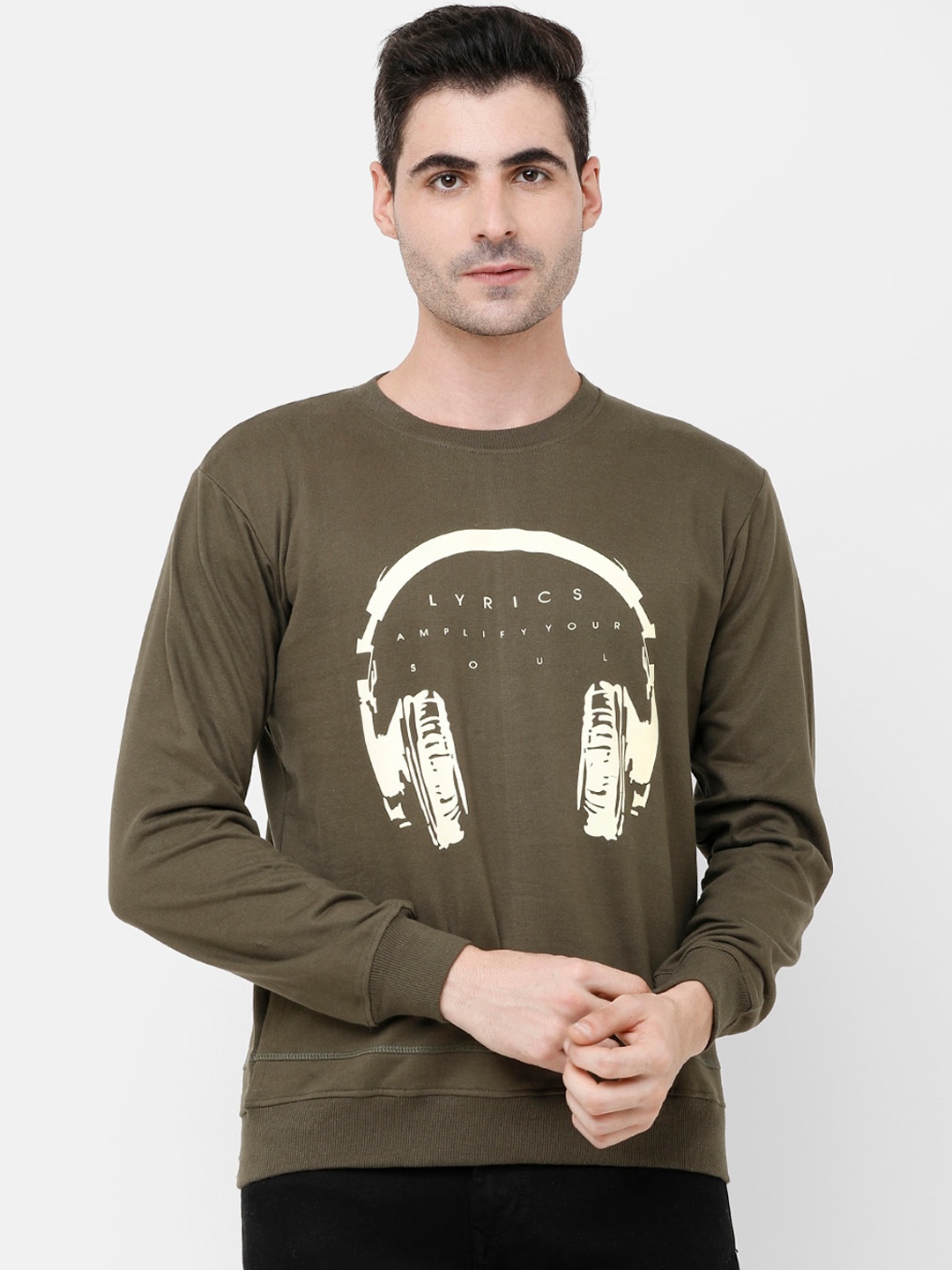 

MADSTO Men Olive Green Printed Sweatshirt