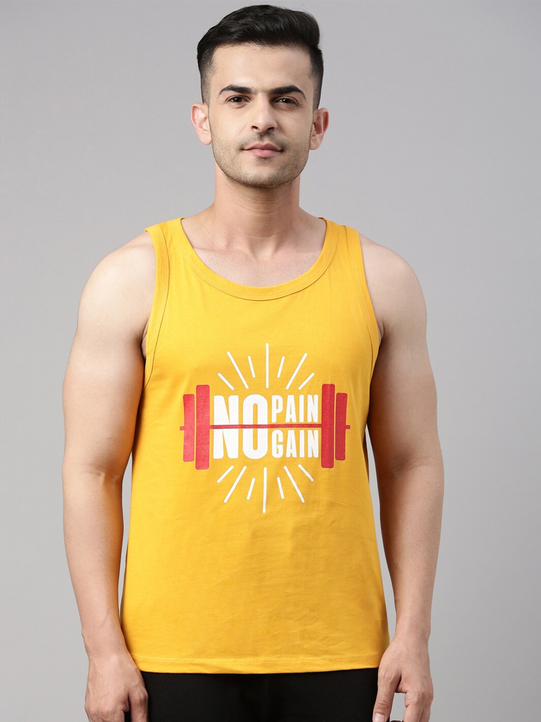 

Bushirt Men Mustard Yellow Printed Pure Cotton T-shirt