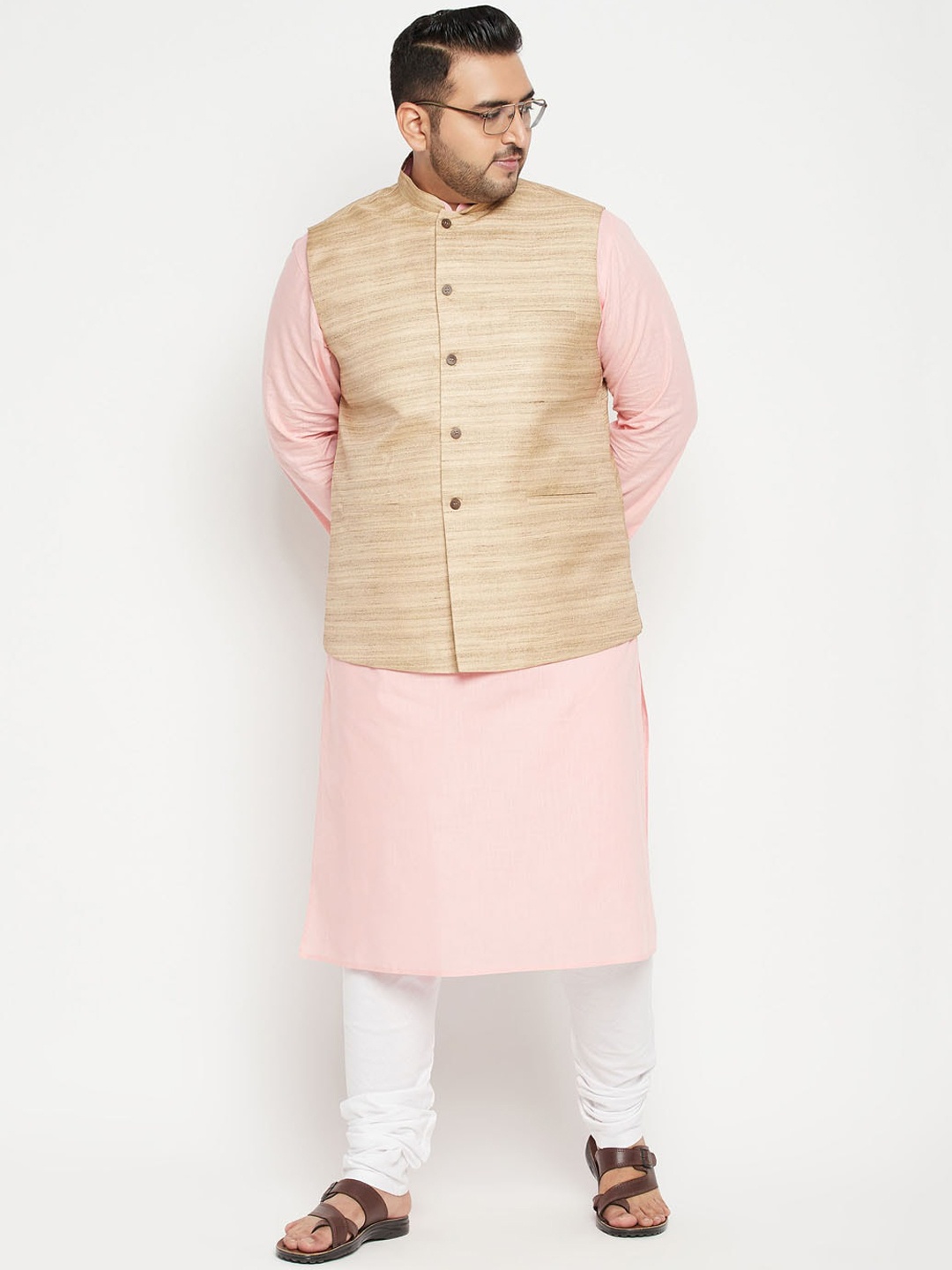 

VASTRAMAY Men Plus Size Pink Regular Kurta with Churidar & Nehru Jacket