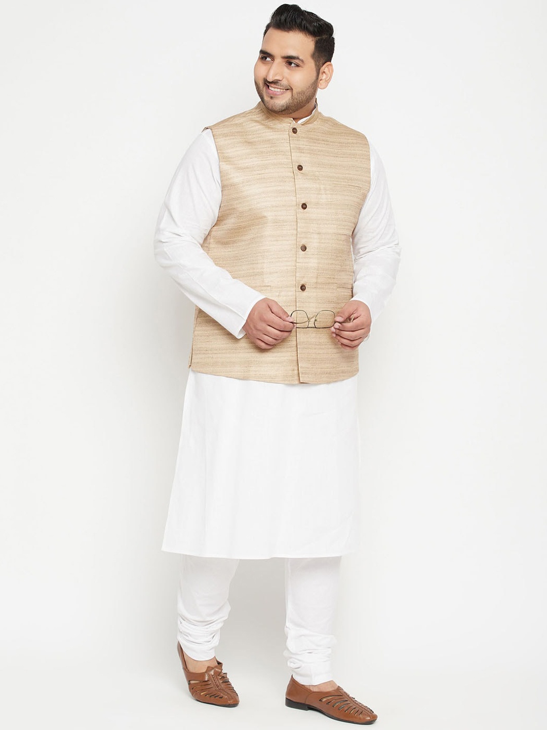 

VASTRAMAY Men Plus Size Regular Kurta with Churidar and Nehru Jacket, White