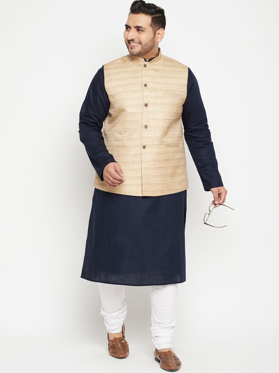 

VASTRAMAY Men Navy Blue Layered Kurta with Churidar