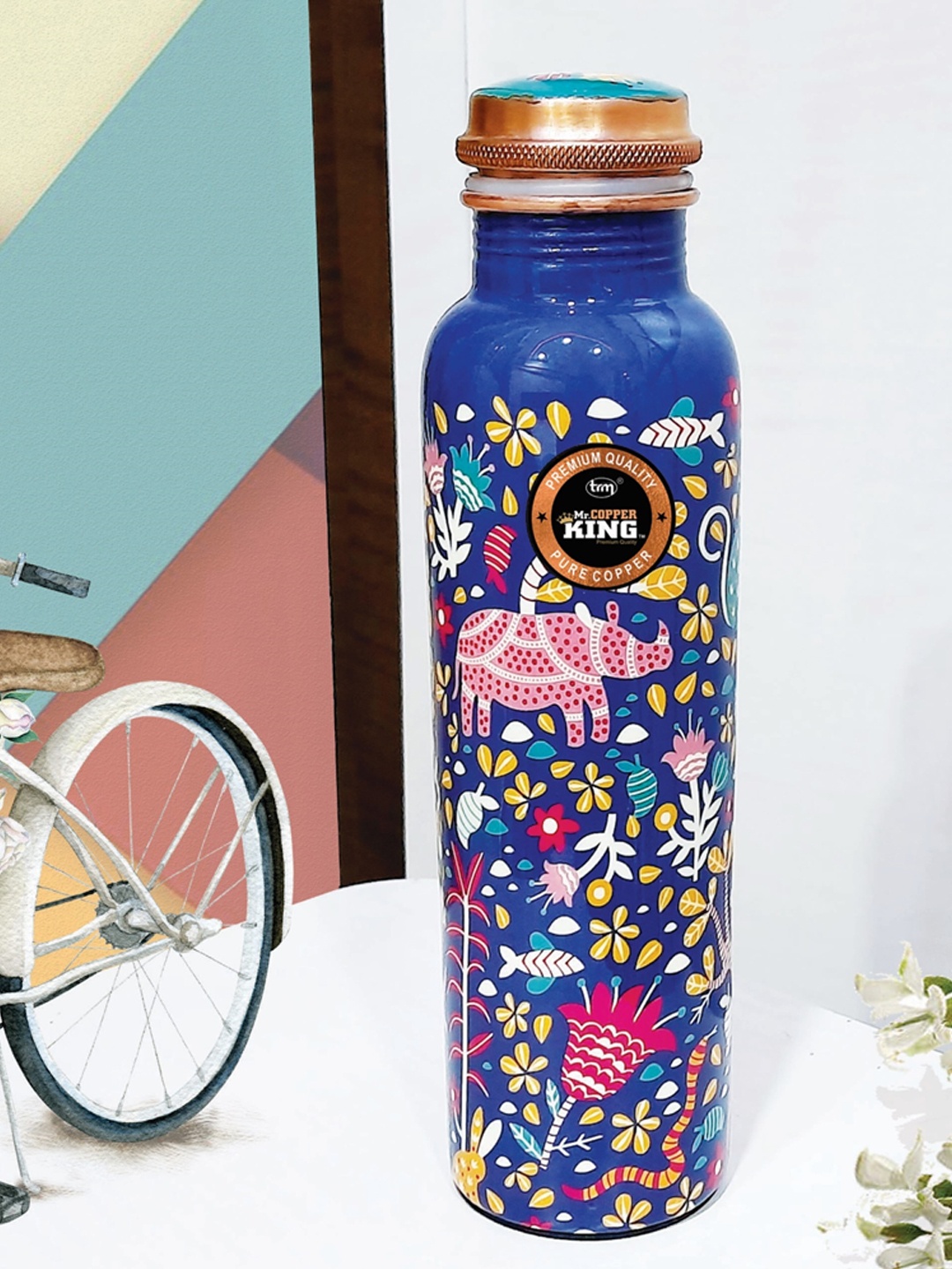 

MR. COPPER KING Blue & Pink Floral Printed Pure Copper Bottle