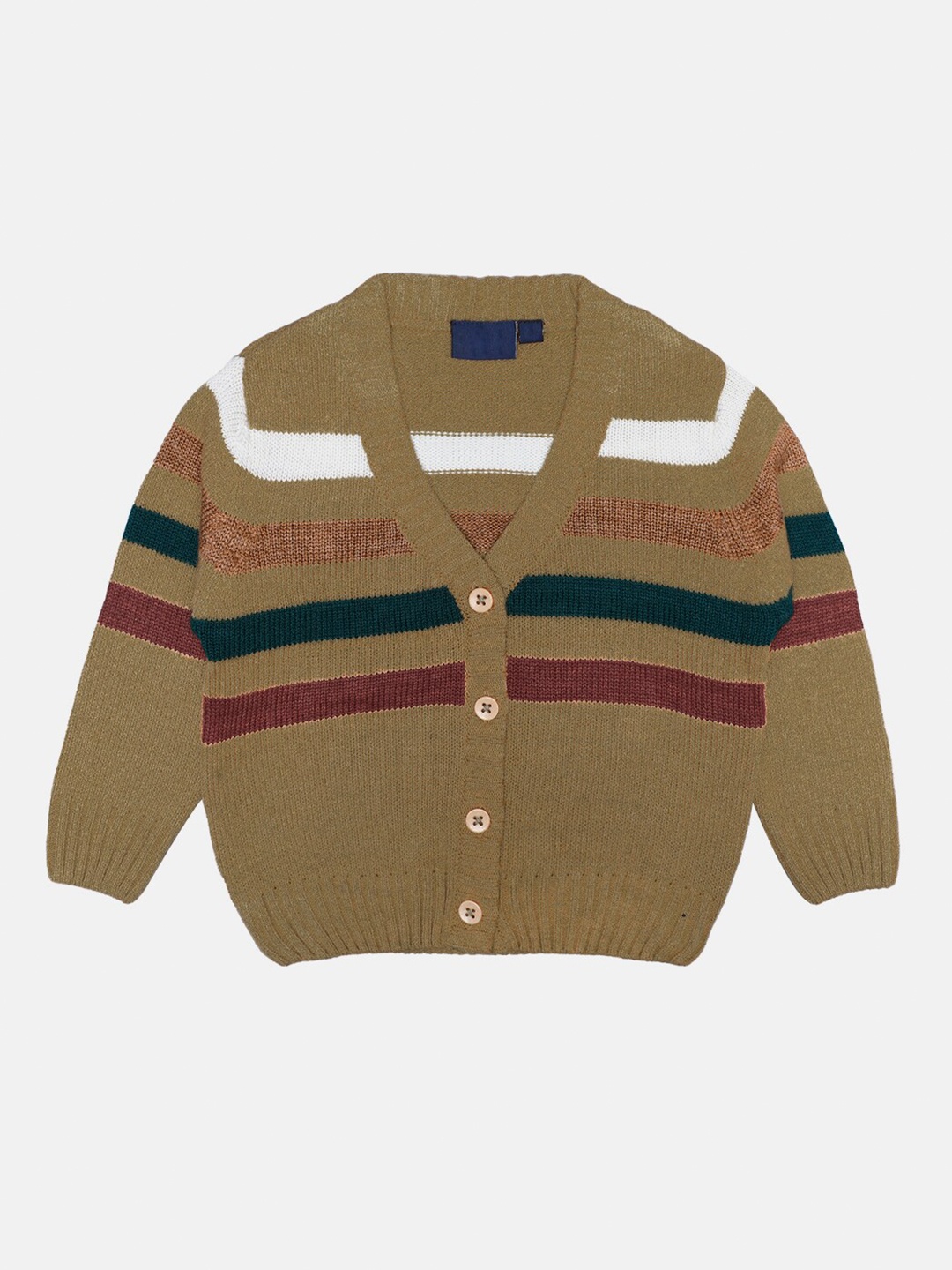 

CHIMPRALA Kids Camel Brown & White Striped Woolen Cardigan
