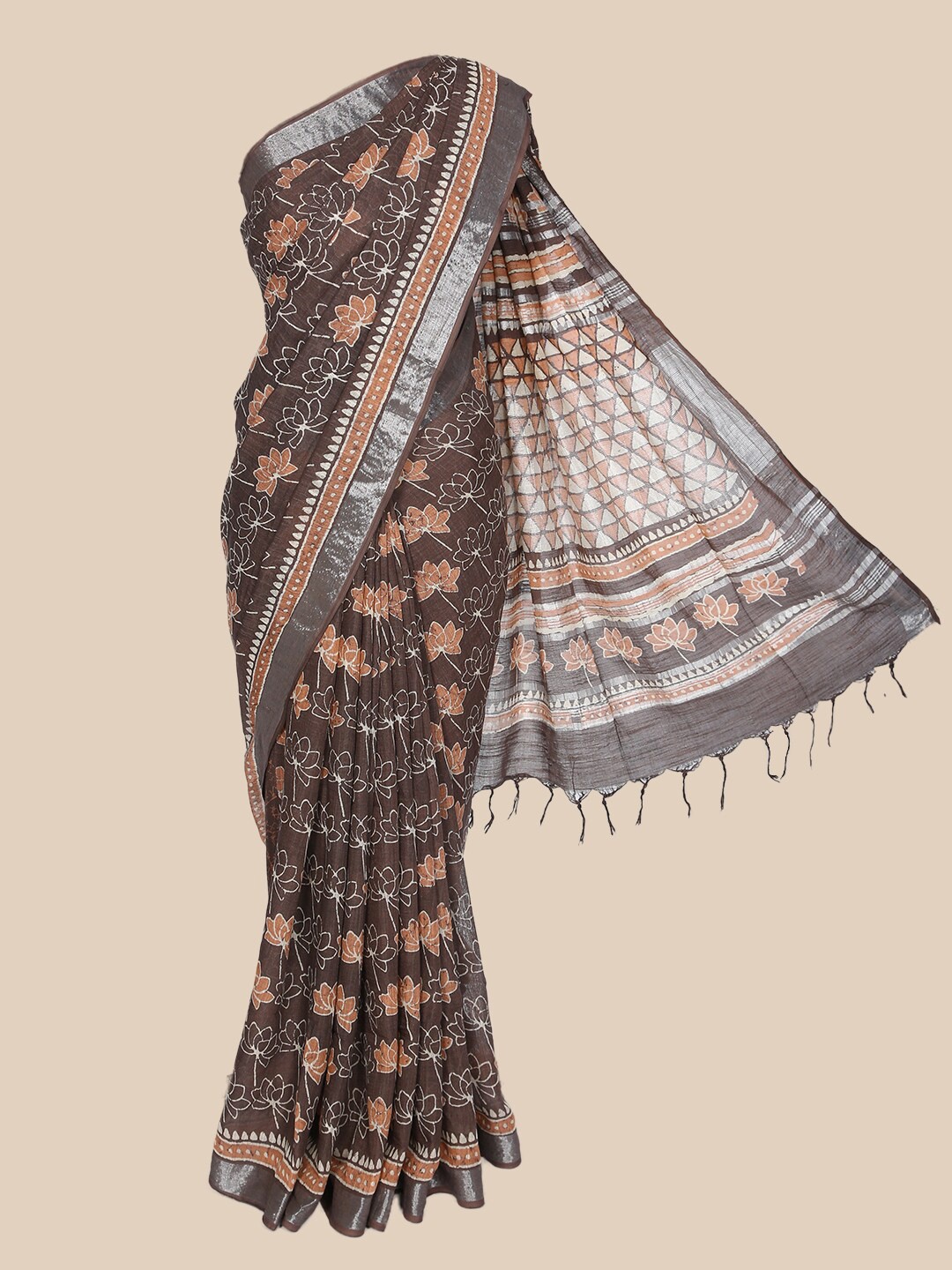

The Chennai Silks Brown & Silver Floral Linen Blend Saree