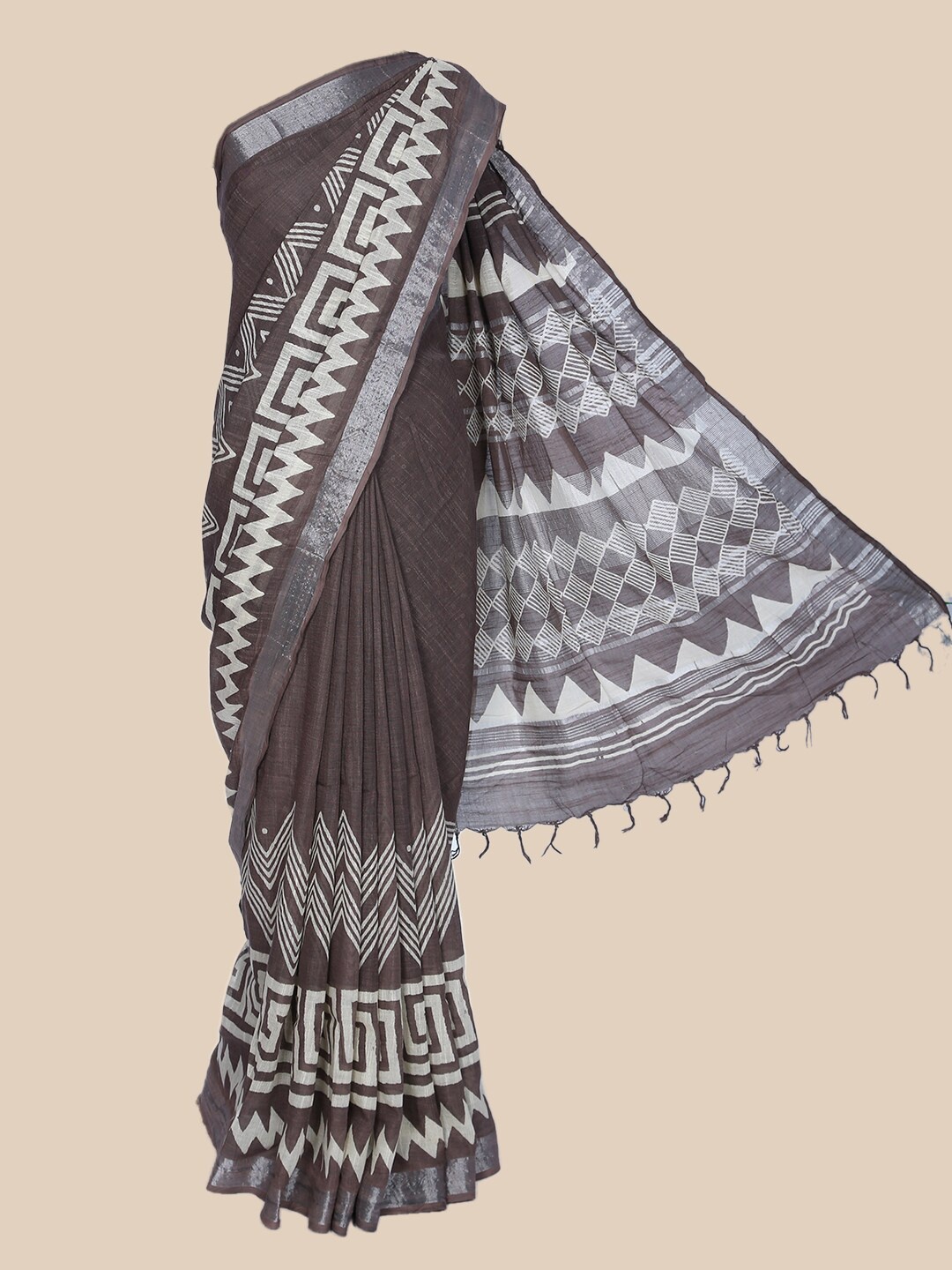 

The Chennai Silks Brown & White Linen Blend Saree