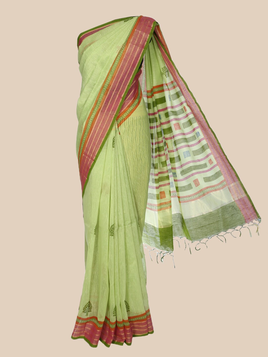 

The Chennai Silks Green & Peach-Coloured Ethnic Motifs Pure Cotton Saree