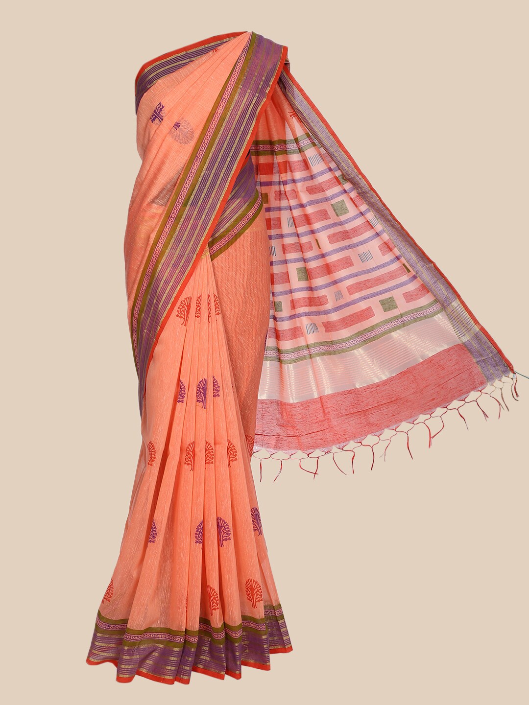 

The Chennai Silks Coral & Purple Ethnic Motifs Pure Cotton Saree