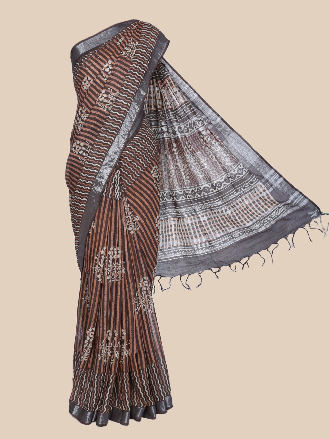 

The Chennai Silks Brown & Grey Ethnic Motifs Linen Blend Saree