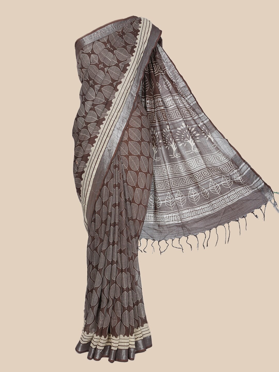 

The Chennai Silks Brown & Silver-Toned Ethnic Motifs Linen Blend Saree