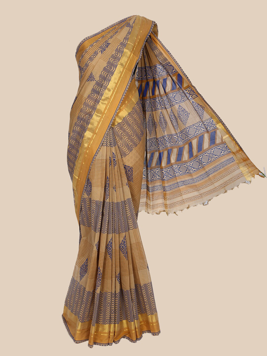 

The Chennai Silks Beige & Blue Floral Pure Cotton Saree