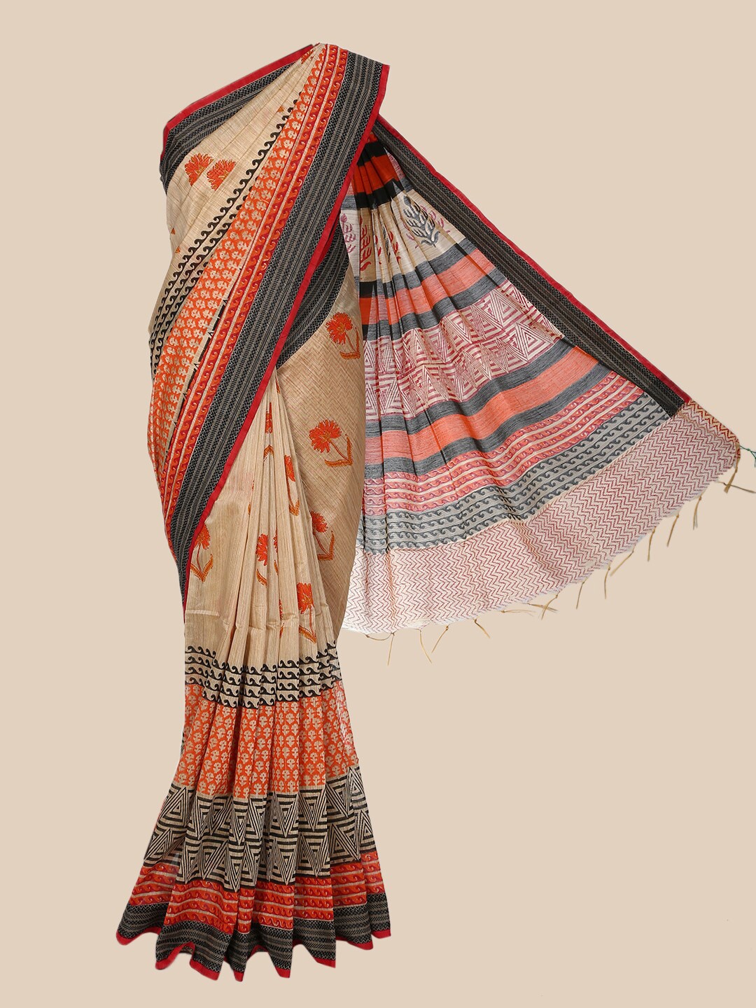 

The Chennai Silks Beige & Red Ethnic Motifs Pure Cotton Saree