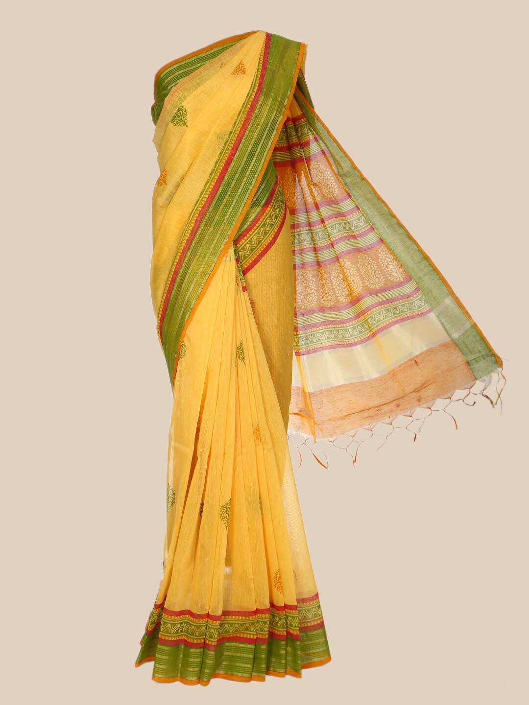 

The Chennai Silks Yellow & Green Ethnic Motifs Pure Cotton Saree
